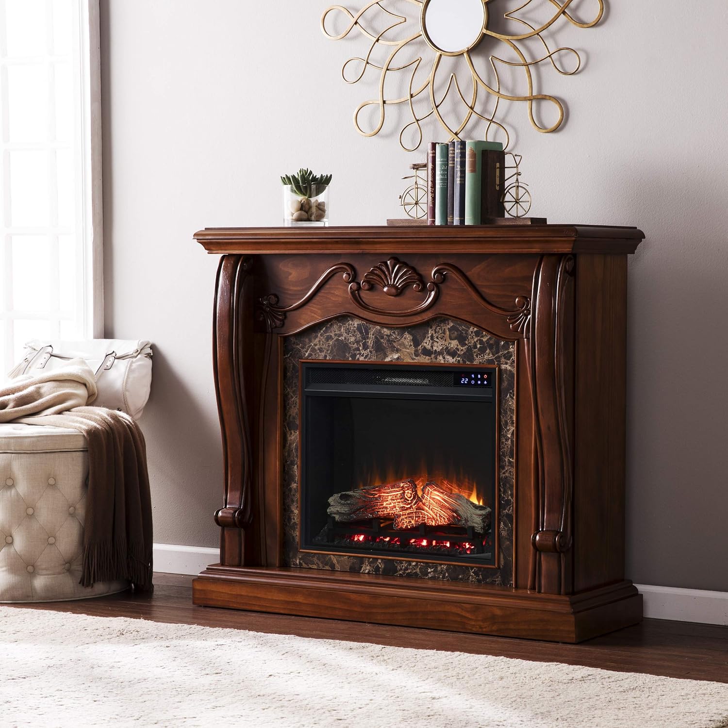 SEI Furniture Cardona Carved Wood & Faux Marble Electric Fireplace, New Walnut