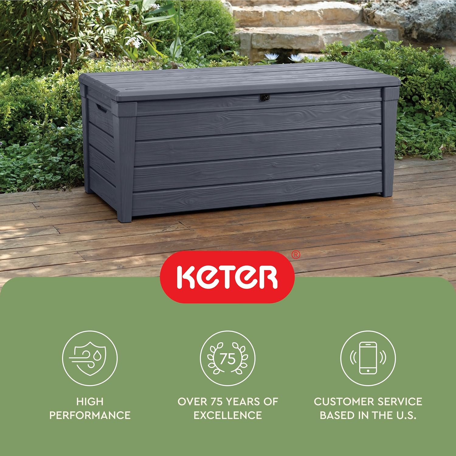 Keter Brightwood 120 Gallon Resin Large Deck Box for Patio Garden, Outdoor Cushion Storage, Pool Accessories, Tools, Grey