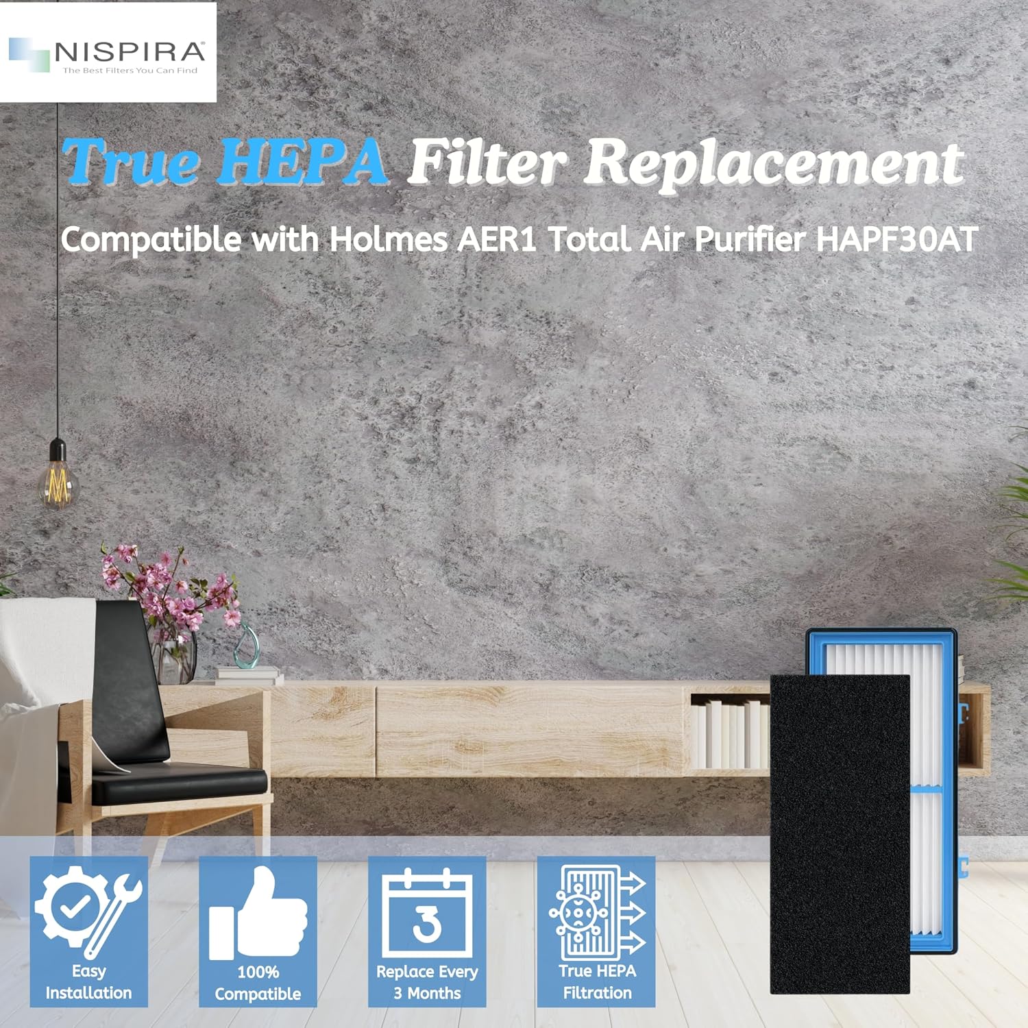 Nispira AER1 Filter Replacement for Holmes Air Purifier HAPF30AT HAP242-NUC Total Air True HEPA 1 Pack, 1.2 x 10 x 4.6 Inches