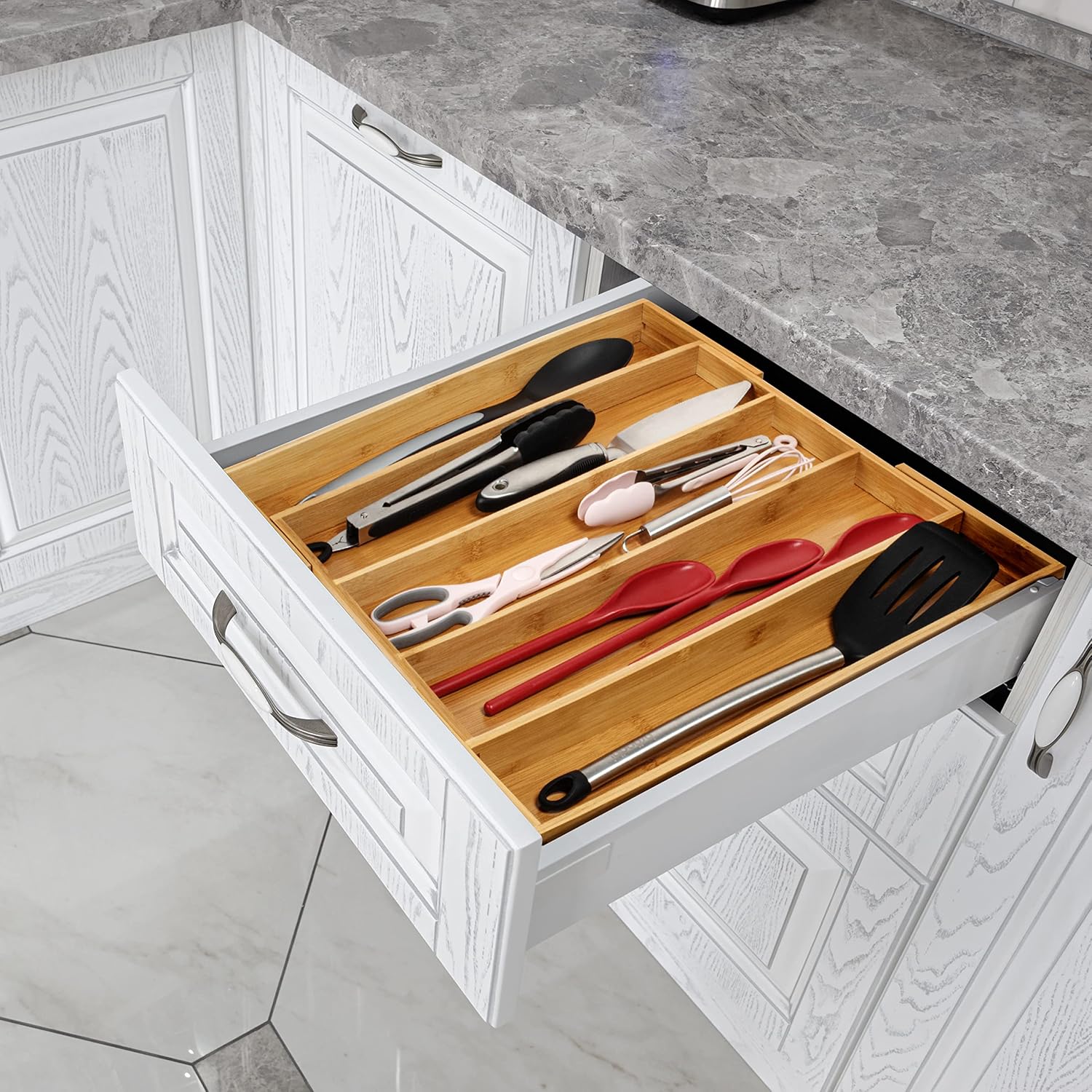 Purawood Kitchen Drawer Organizer - Expandable Utensil Drawer Organizer for Kitchen, Cutlery Tray & Silverware Organizer