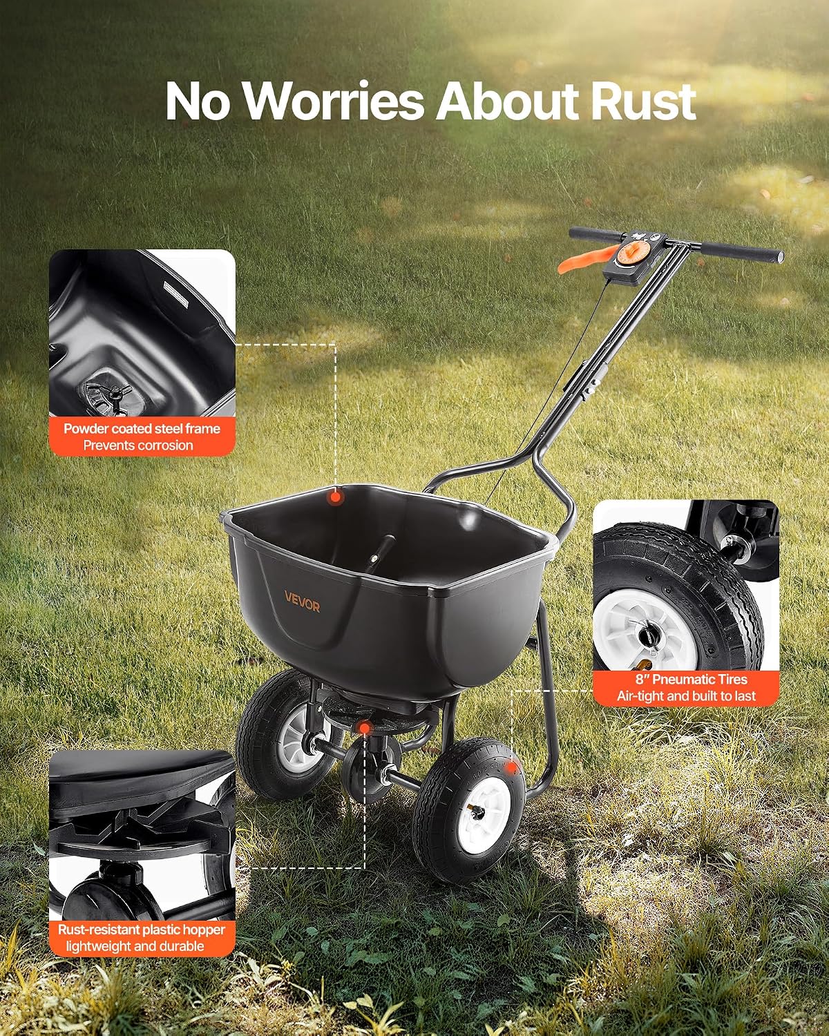 VEVOR Walk Behind Spreader, 60LBS Capacity, Push Spreader with 0-9.8 ft Spreading Width, 8 in All Terrain Pneumatic Tires