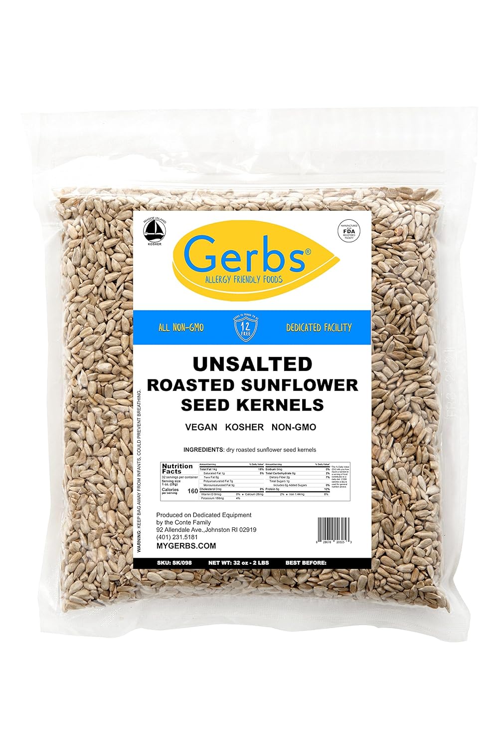 Unsalted Sunflower Seed Kernels by Gerbs – 2 LBS - Top 11 Food Allergen Free & Non GMO - Premium Dry Roasted Shelled Sunflower Seeds – COG USA