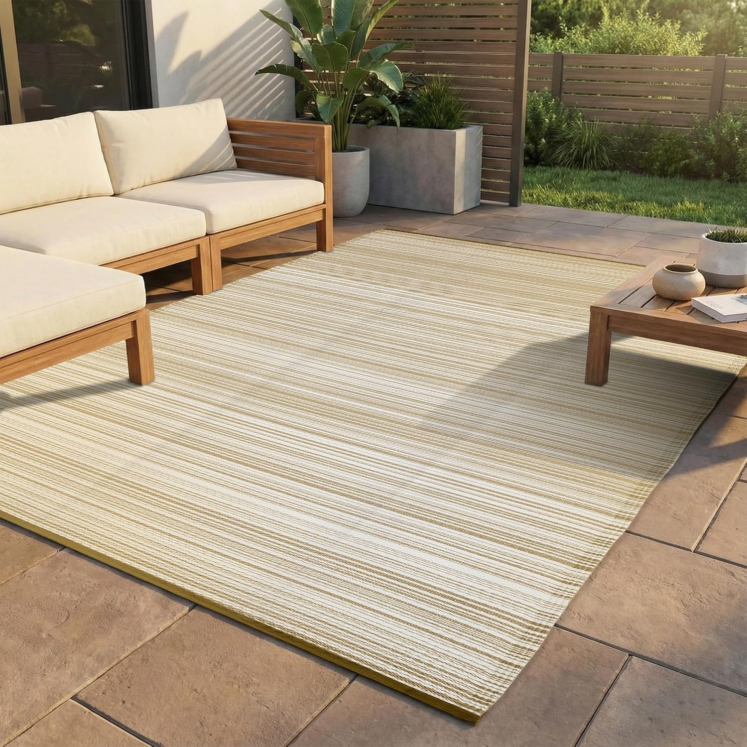 FH Home Outdoor Camping Rug - Waterproof, Fade Resistant, Reversible - Premium Recycled Plastic - Striped - Large Patio, Deck, Sunroom