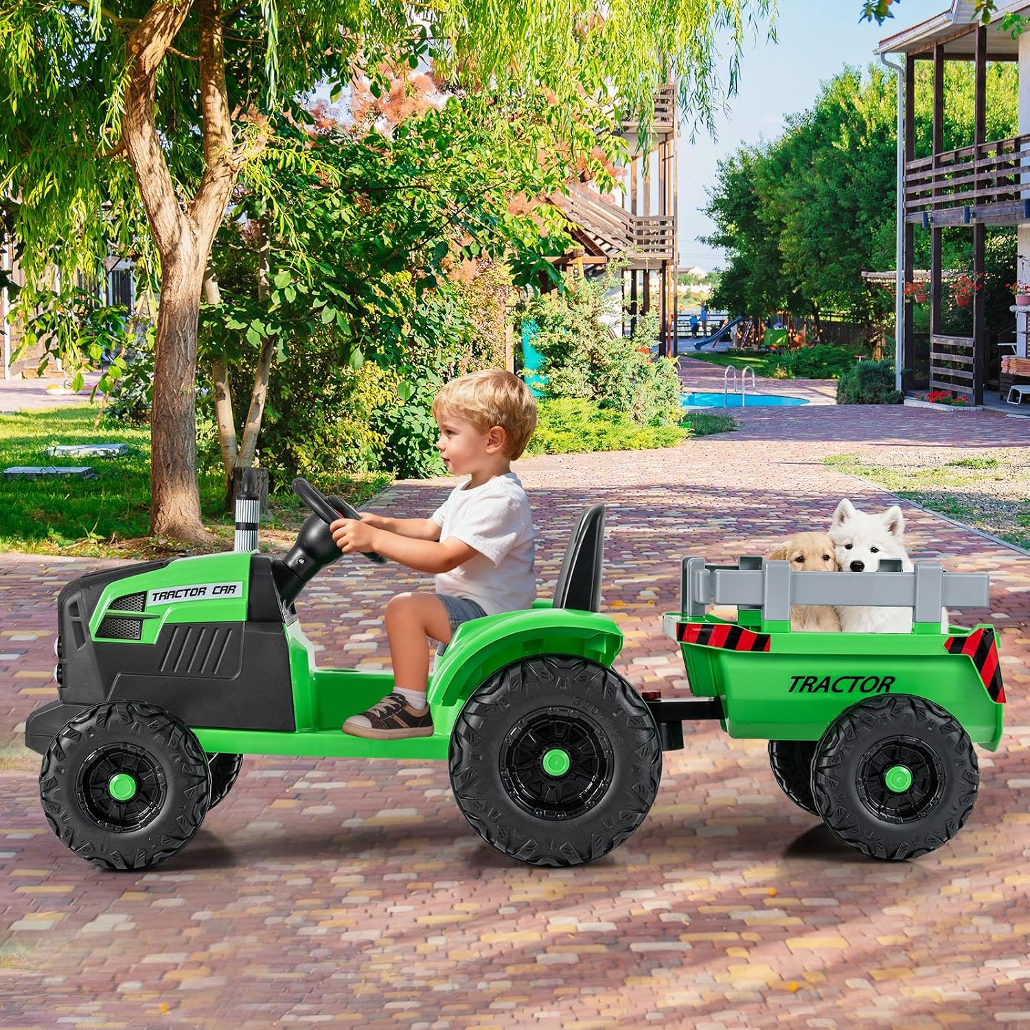 Costzon Ride on Tractor with Detachable Trailer, Kids' Electric Vehicles w/3-Gear-Shift Ground Loader, Wireless Design & USB, 7 LED Headlights