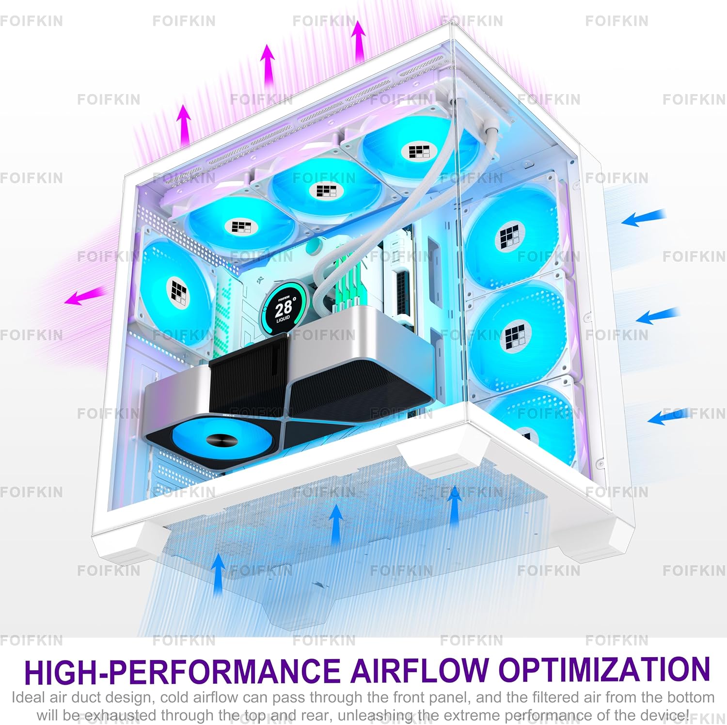 FOIFKIN F600 PC Case - Pre-Installed 7 PWM ARGB Fan, ATX Mid-Tower Gaming PC Case, 270° Panoramic Glass with Type-C, FOIFKIN (Black, F600)