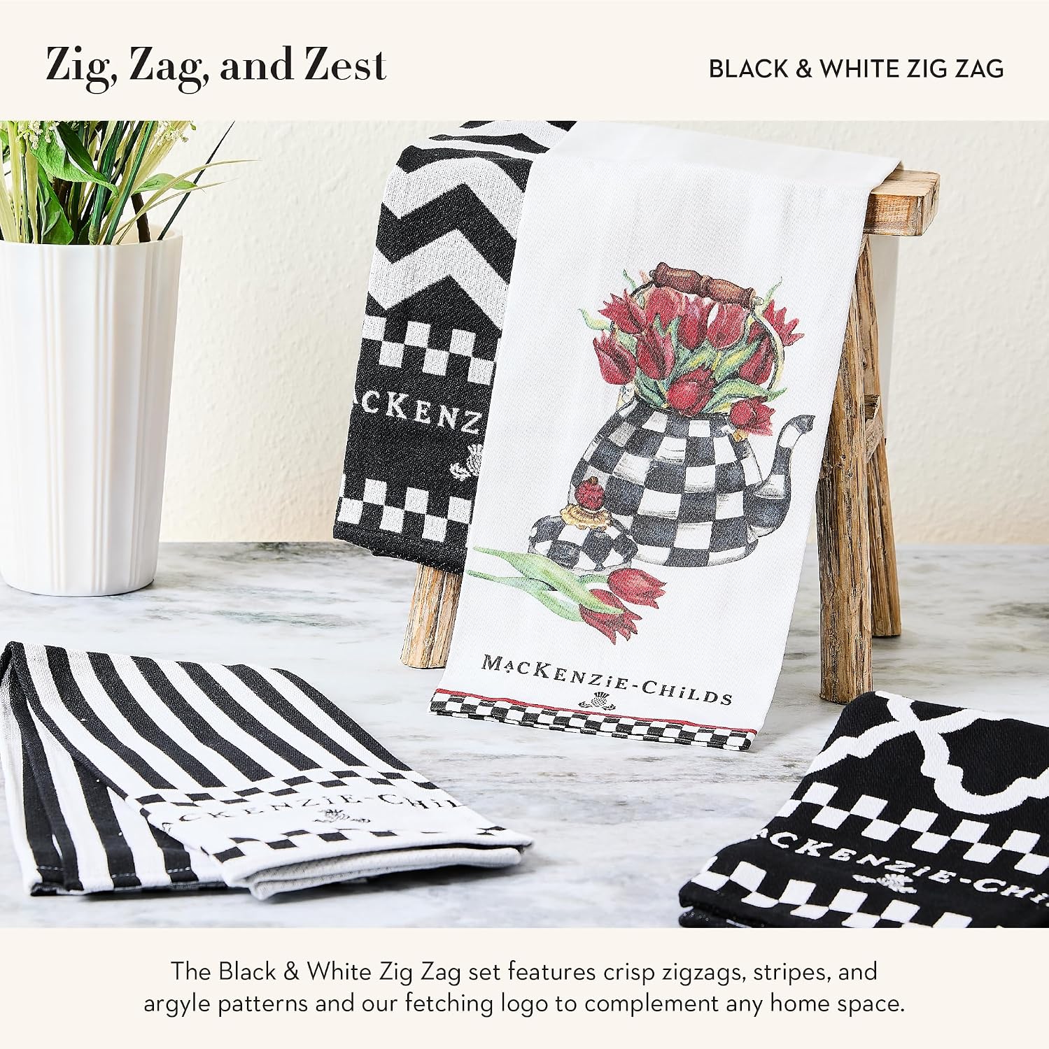 MACKENZIE-CHILDS Set of 3 Cotton Dish Towels, Decorative Kitchen Towels, Black-and-White Zig Zag