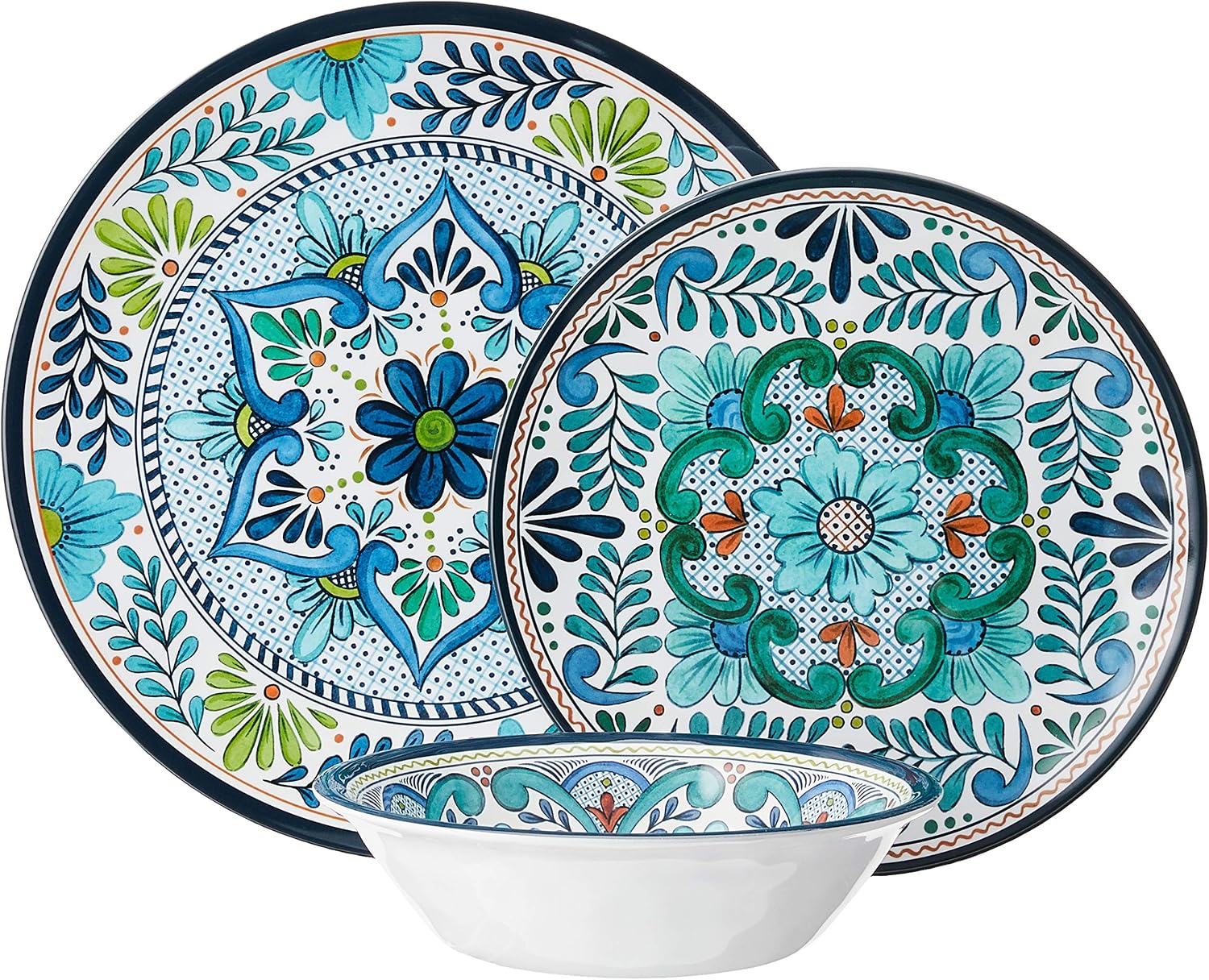Talavera Melamine 12-Piece Dinnerware Set – Multicolored Plates and Bowls for 4, Spanish Tile-Inspired, Durable, Lightweight, Shatterproof