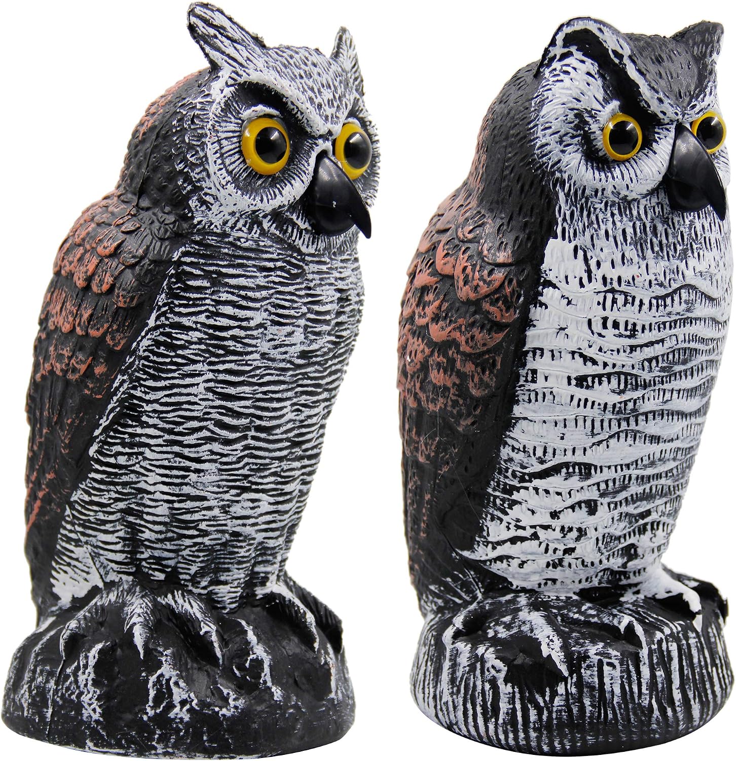 Hausse 2 Pack Fake Horned Owl Bird Scarecrow Decoy 10.5 Inch Height, Plastic Deterrents, Halloween Decoration