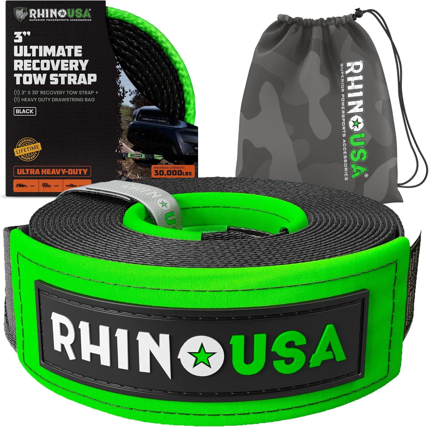 Rhino USA Recovery Tow Strap (3in x 30ft) - 31,518lb Heavy Duty Towing | 31,518lb Break Strength Emergency Tow Strap, Extended 30ft Length. For Truck, UTV, ATV & Jeep Offroad Recovery. Black