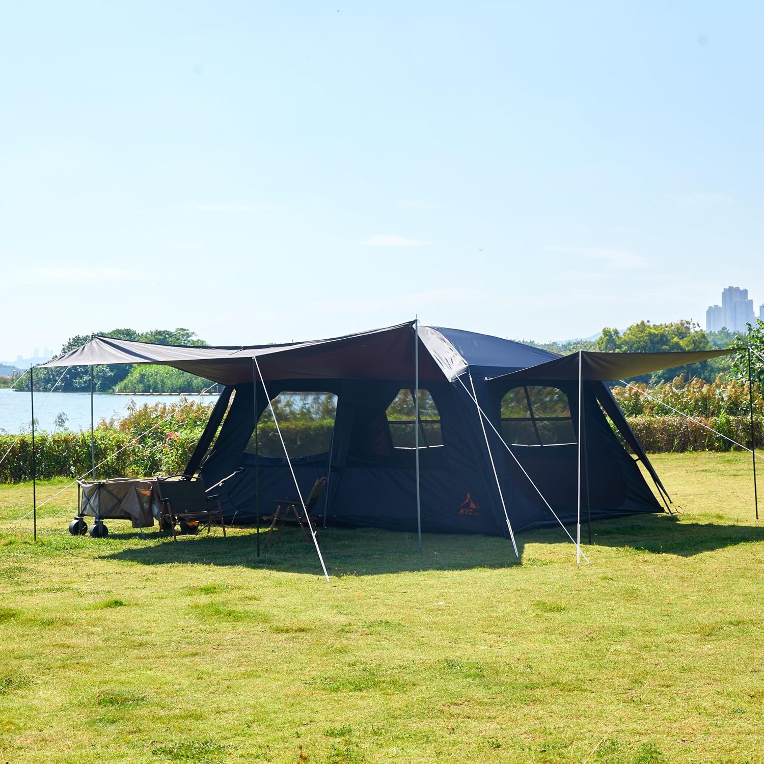KTT Extra Large Tent 12-14 Person, Family Cabin Tents, 2 Rooms, Straight Wall, 2 Doors 4 Windows with Mesh, Waterproof, Double Layer