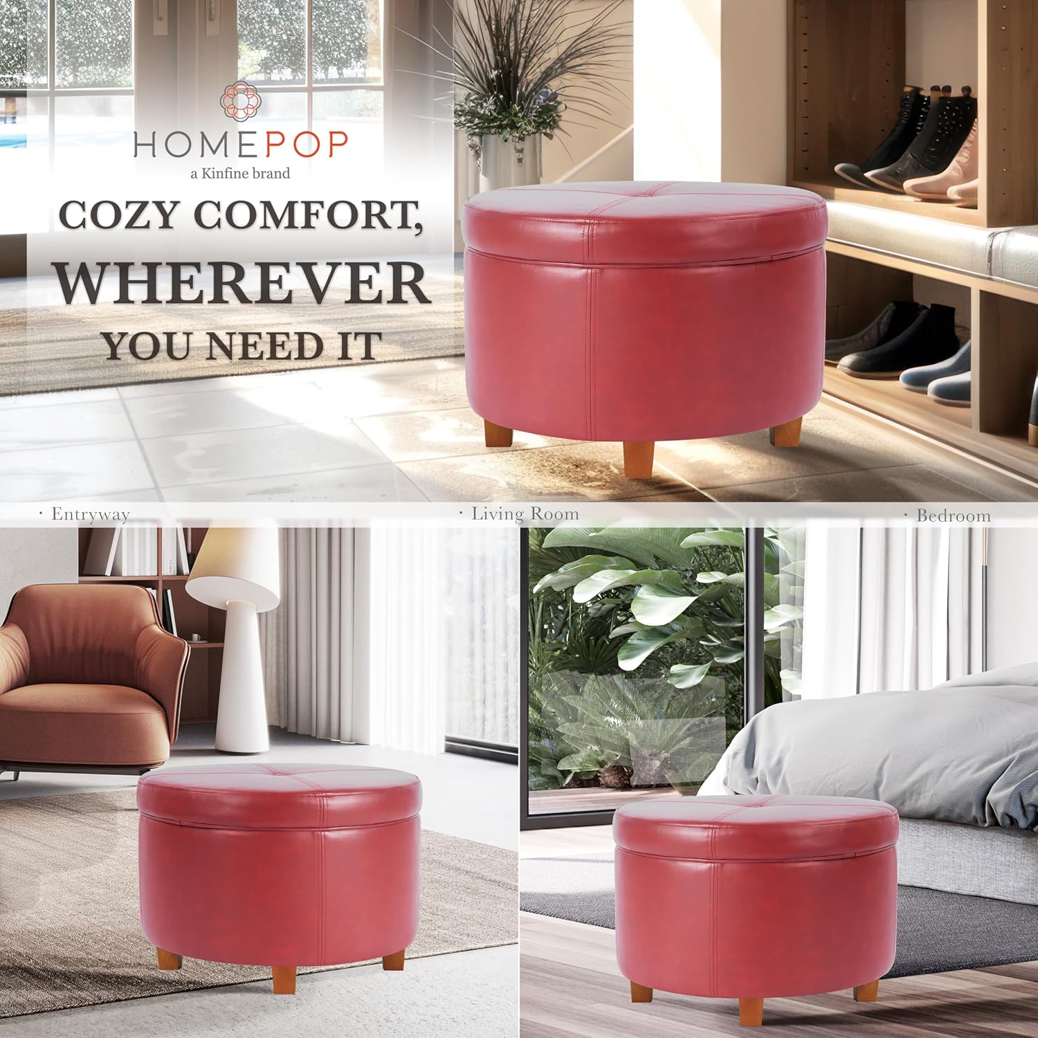 HomePop 24" Large Leatherette Storage Ottoman - Distressed Brown Faux Leather