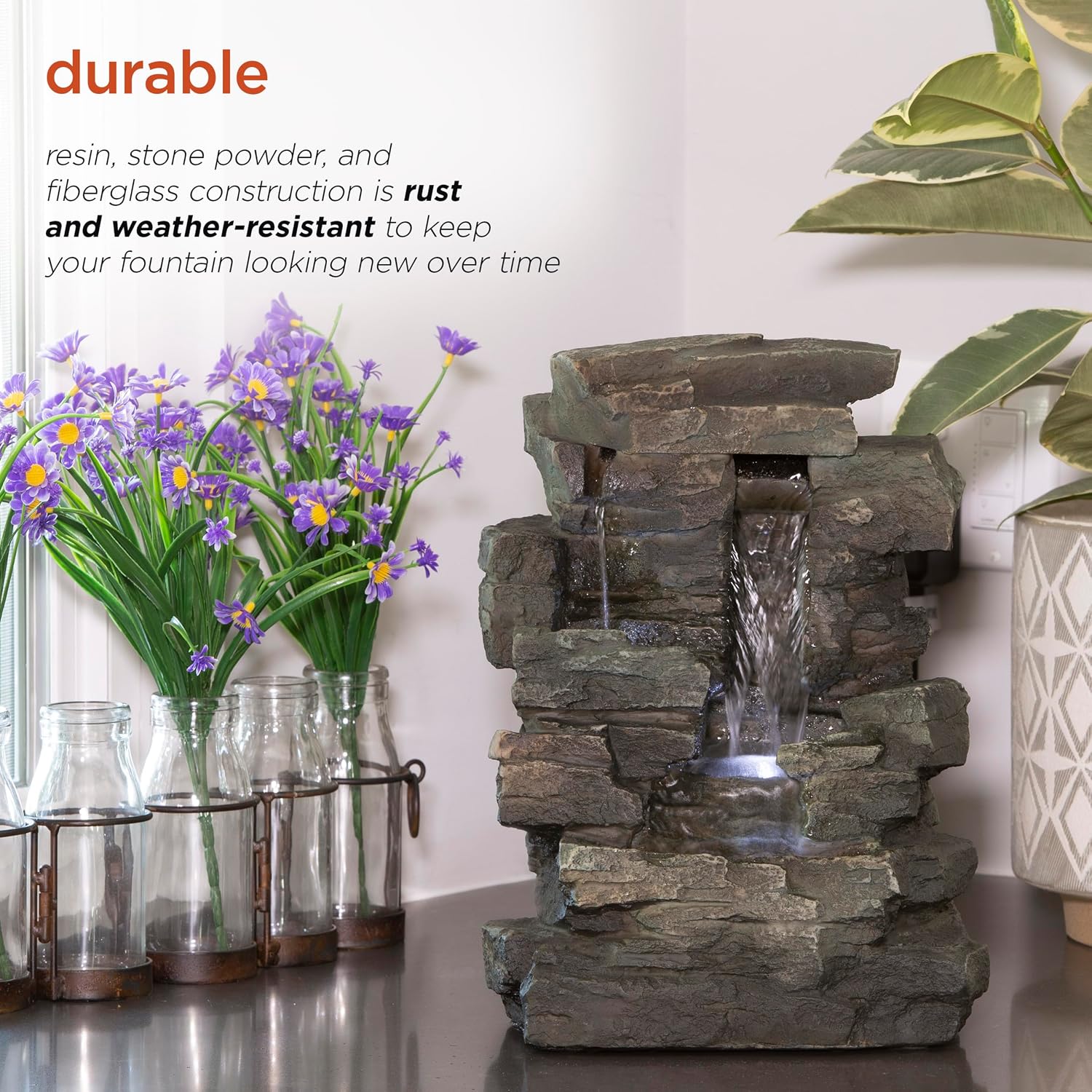 Alpine Corporation 13" Tall Indoor Tabletop Water Fountain, 4 Tier Cascading Water Feature with LED Lights for Home, Office, Living Room, or Zen Decor, Gray