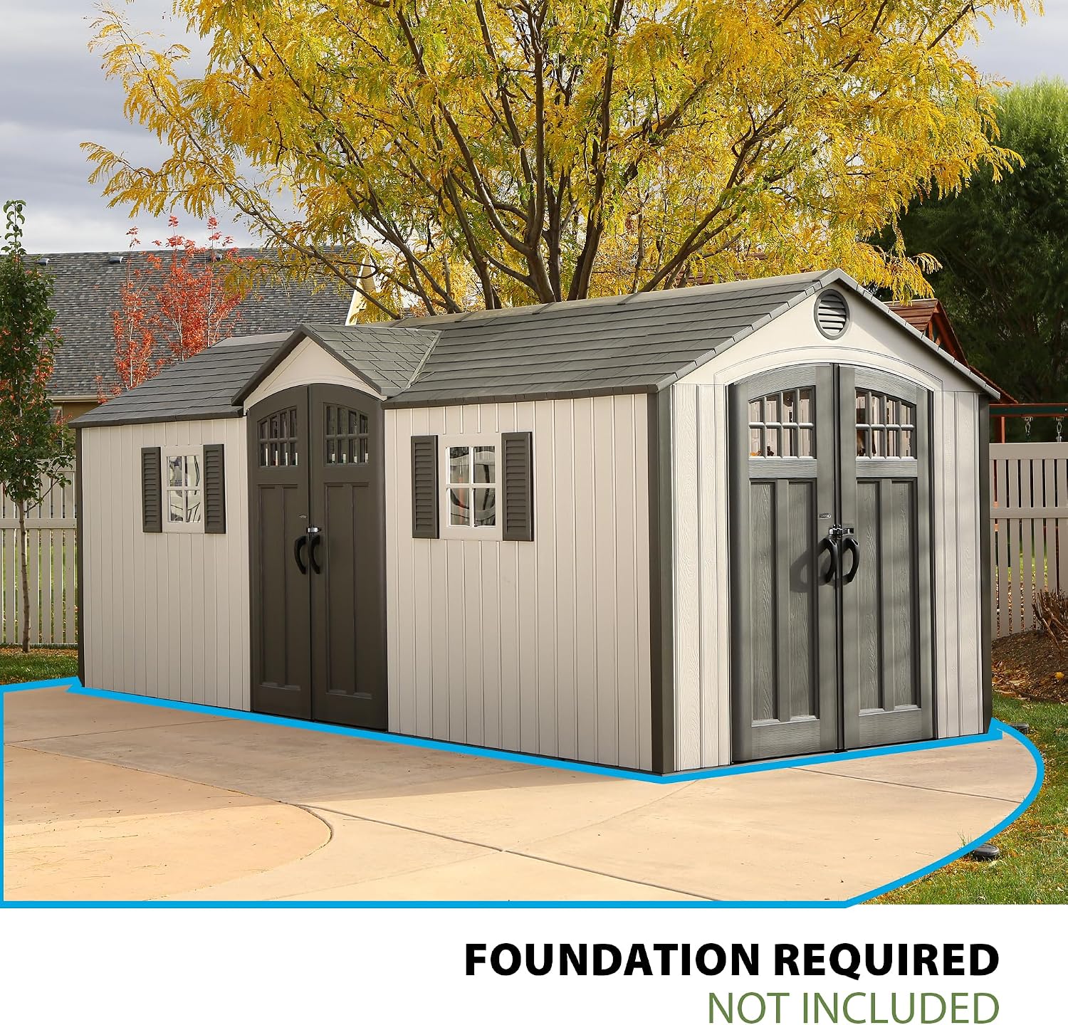Lifetime 20 x 8 Ft. Outdoor Storage Shed with Steel Reinforced HDPE Walls, Lockable Doors, Windows, Skylights, Adjustable Shelving
