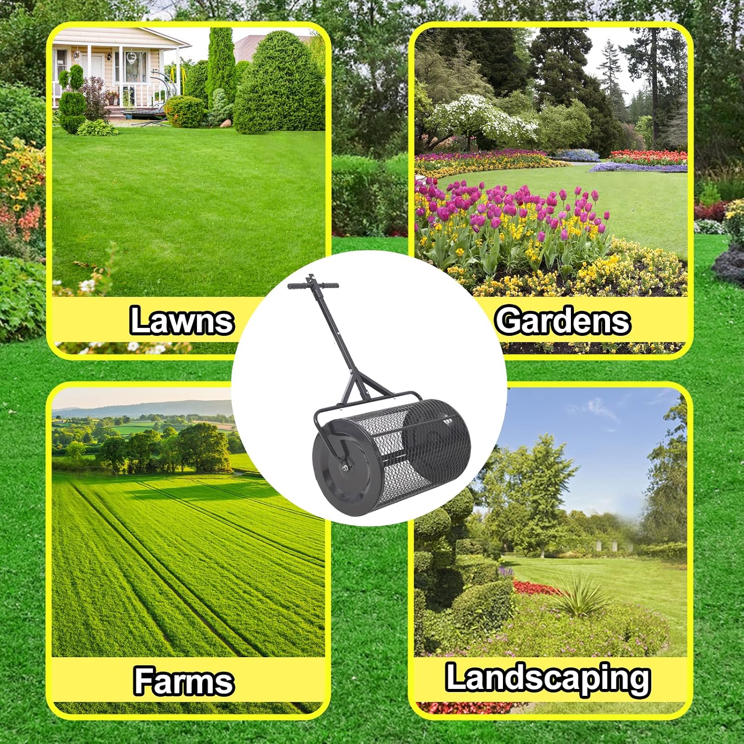 Compost Spreader - 24'' Peat Moss Spreader Manure Spreaders Roller with Adjustable T Shaped Handle Lightweight Metal Mesh Spreader for Lawn Garden Spreading Manure Topsoil, Black 0.5" x 1" Open Slits