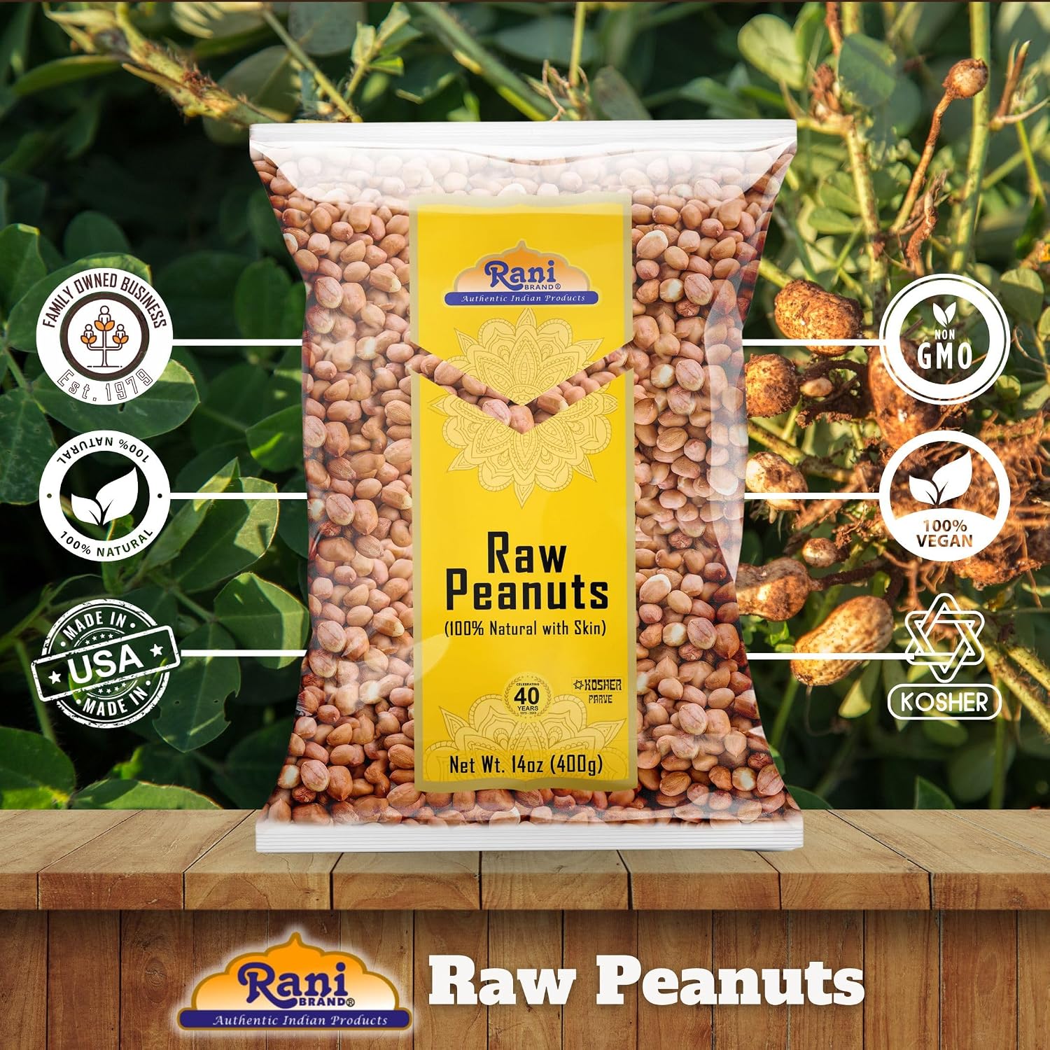 Rani Peanuts, Raw Whole With Skin (uncooked, unsalted) 14oz (400g) ~ All Natural | Vegan | Kosher | Gluten Friendly | Fresh Product of USA ~ Spanish Grade Groundnut/Red-skin