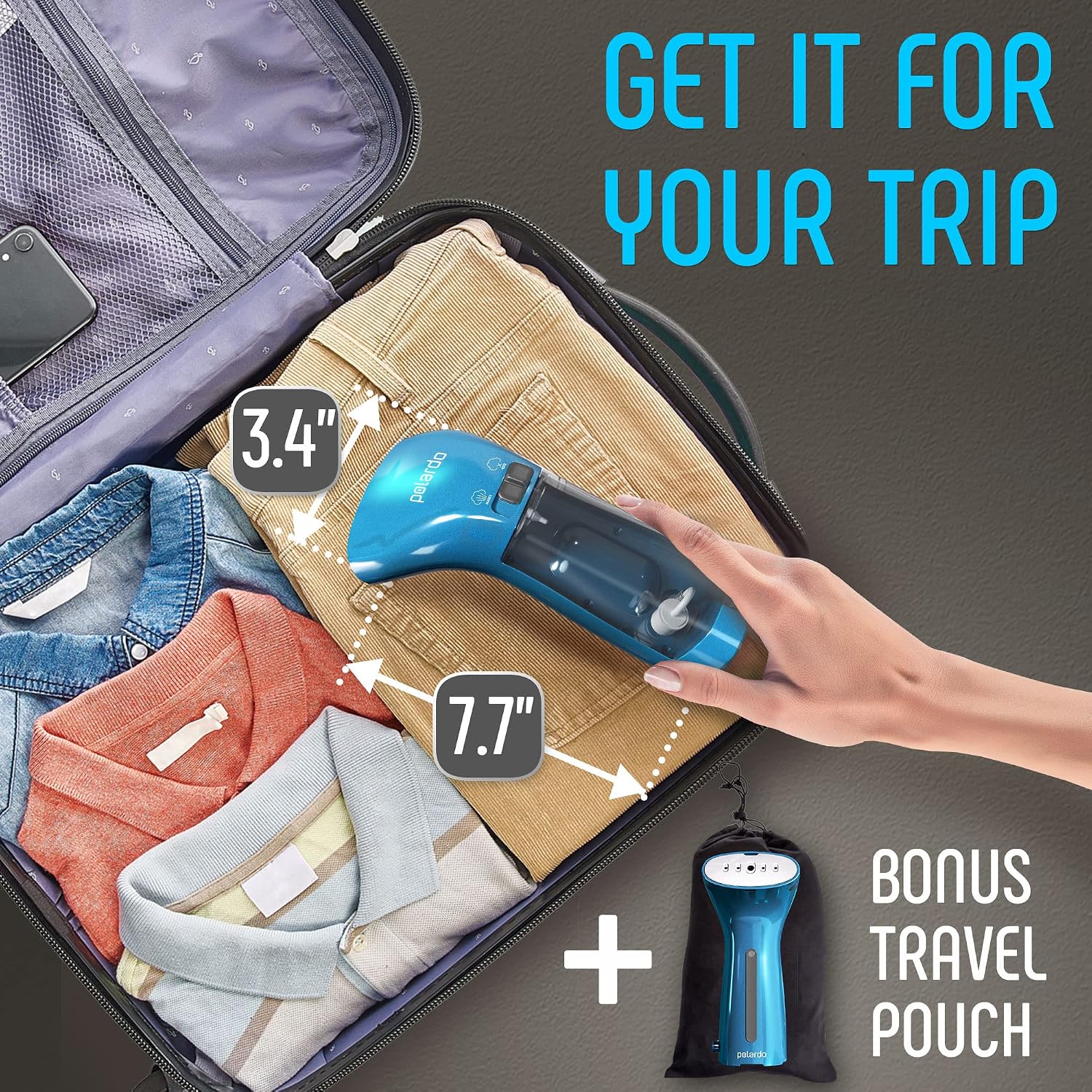 Polardo Travel Garment Steamer - Compact Portable Handheld Clothes Steamer with 360° Anti-Spill Technology