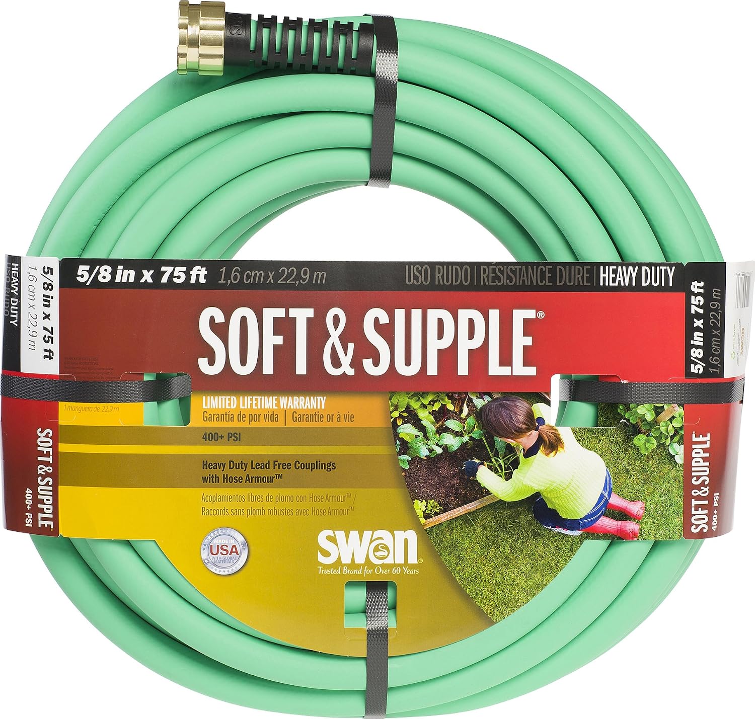 Swan Products SNSS58075 Soft/Supple Easy Coil Heavy Duty Water Hose 75 ft, 5/8" Diameter, Green