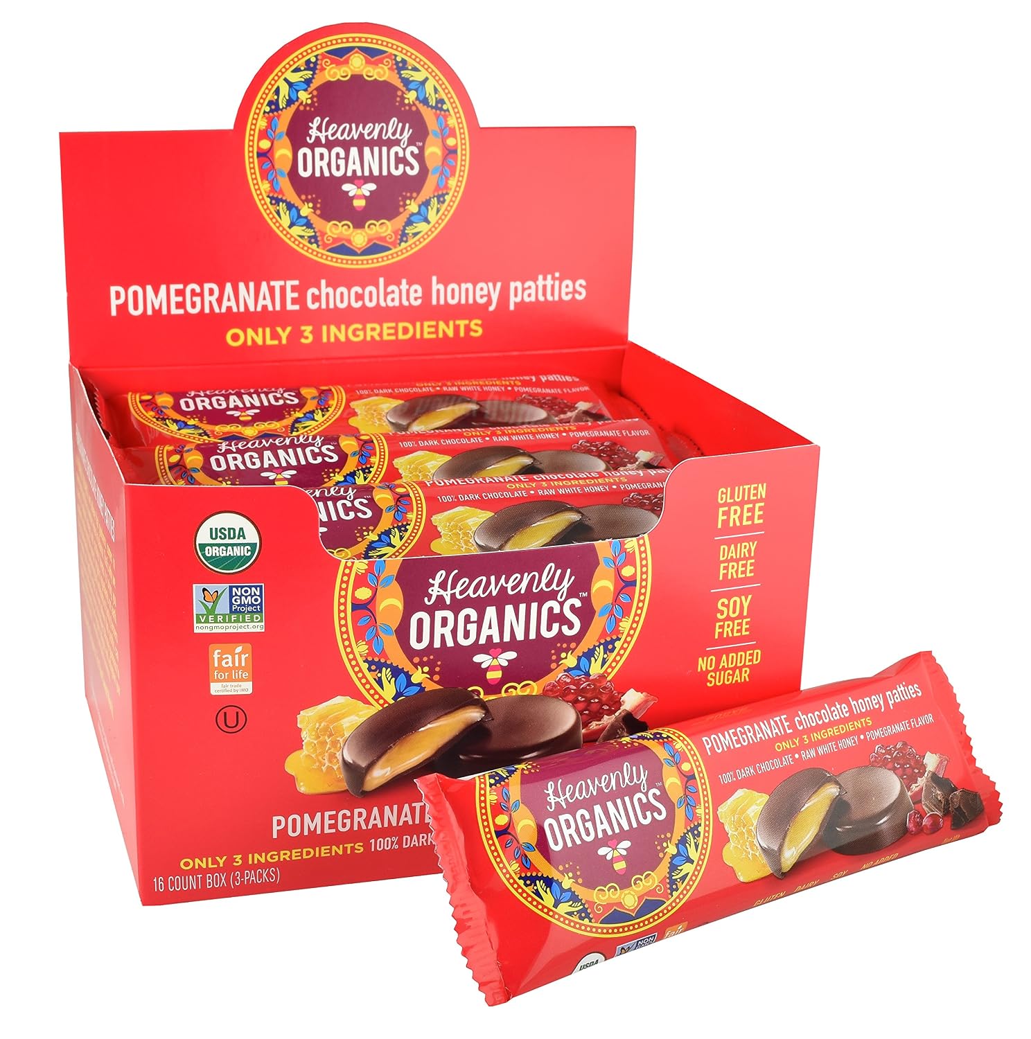 Heavenly Organics Mint Chocolate Honey Patties, (16 Per Box) Made with 100% Organic Cocoa and 100% Organic Raw White Honey; Non-GMO, Fair Trade, Kosher, Dairy & Gluten Free, No Sugar Added