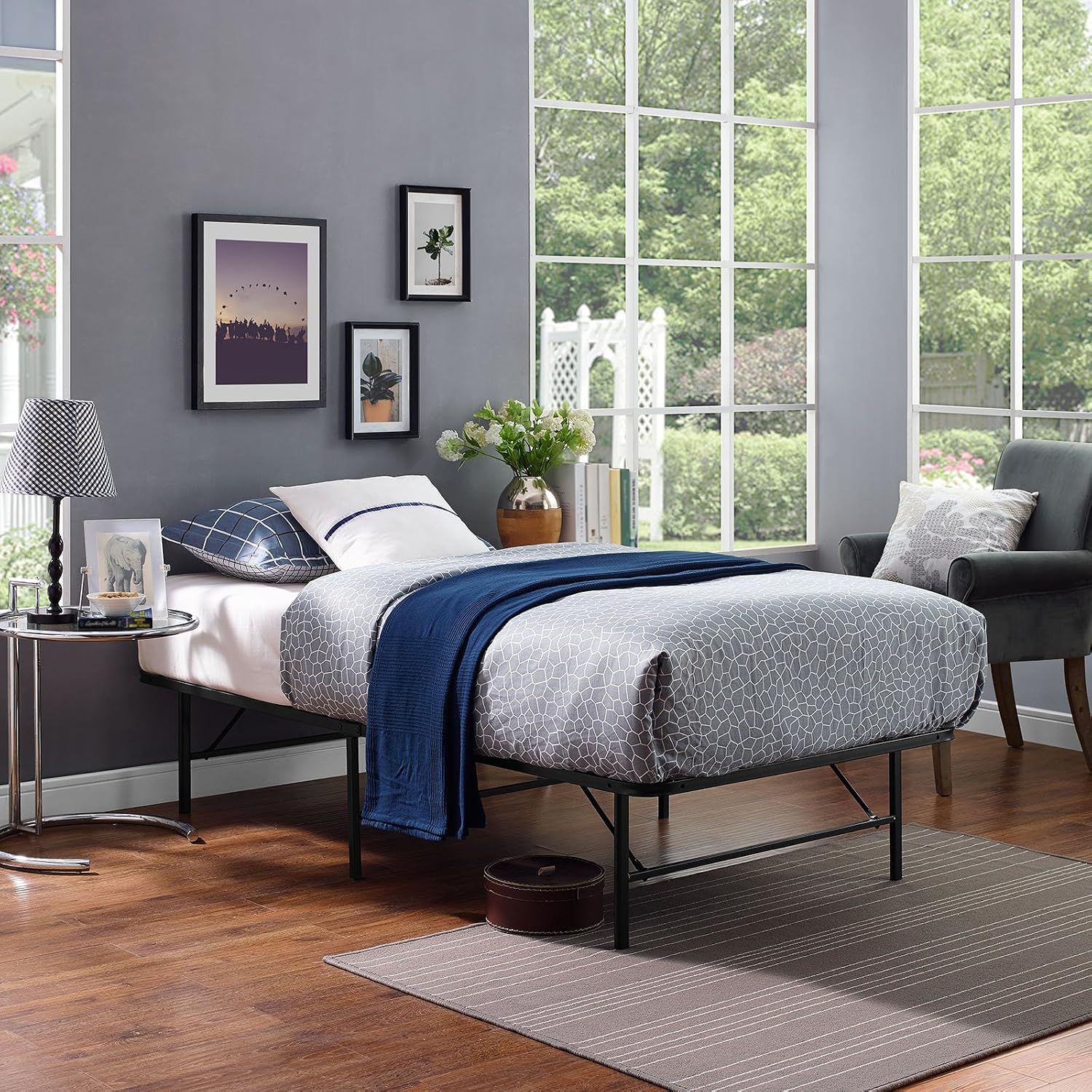 Modway Horizon Queen Bed Frame In Gray - Replaces Box Spring - Folding Metal Mattress Bed Frame