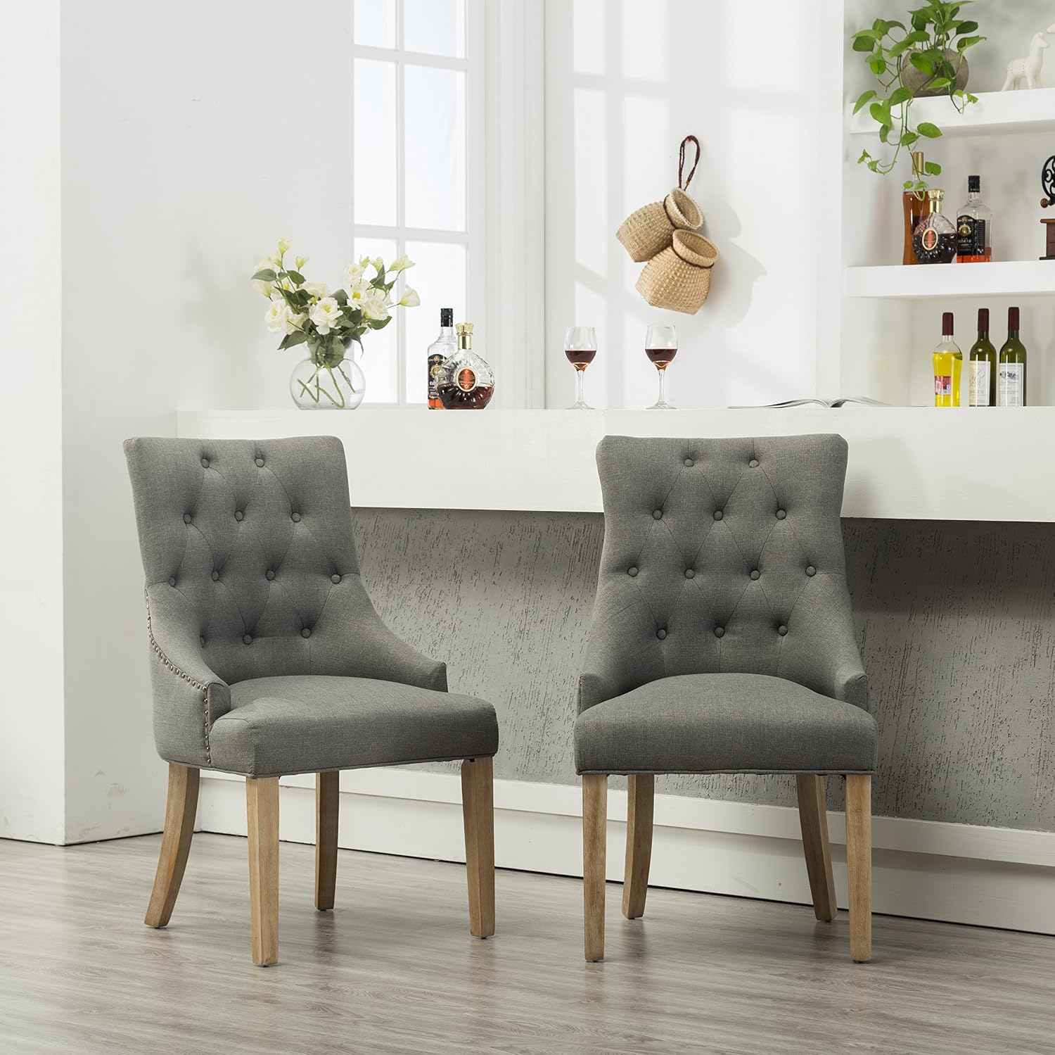 Roundhill Furniture Button Tufted Solid Wood Wingback Hostess Chairs with Nail Heads, Set of 2, Tan, White, "Tan, 24D x 22W x 39H in