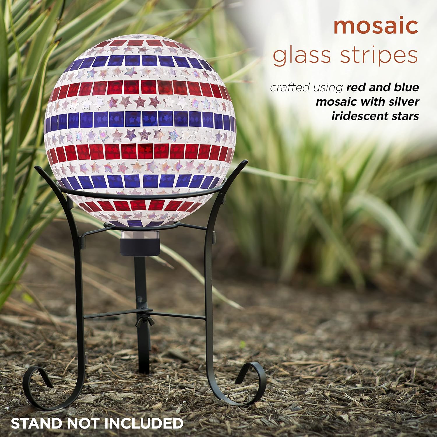 Alpine Corporation 10" Diameter Indoor/Outdoor Patriotic Glass Stars and Stripes Gazing Globe Yard Decoration, Red, White and Blue