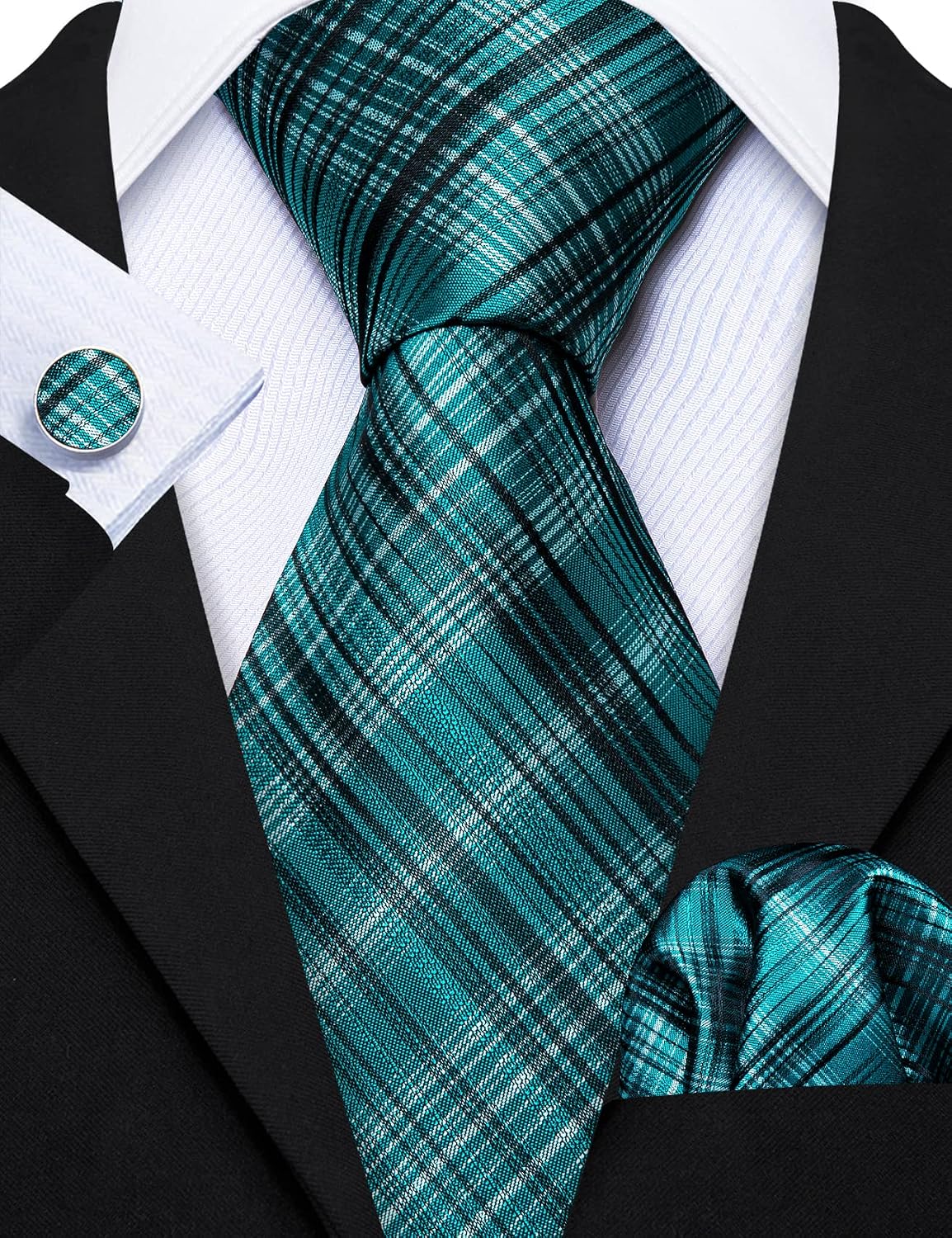 Barry.Wang Plaid Ties for Men Silk Necktie Handkerchief Cuff Links Set