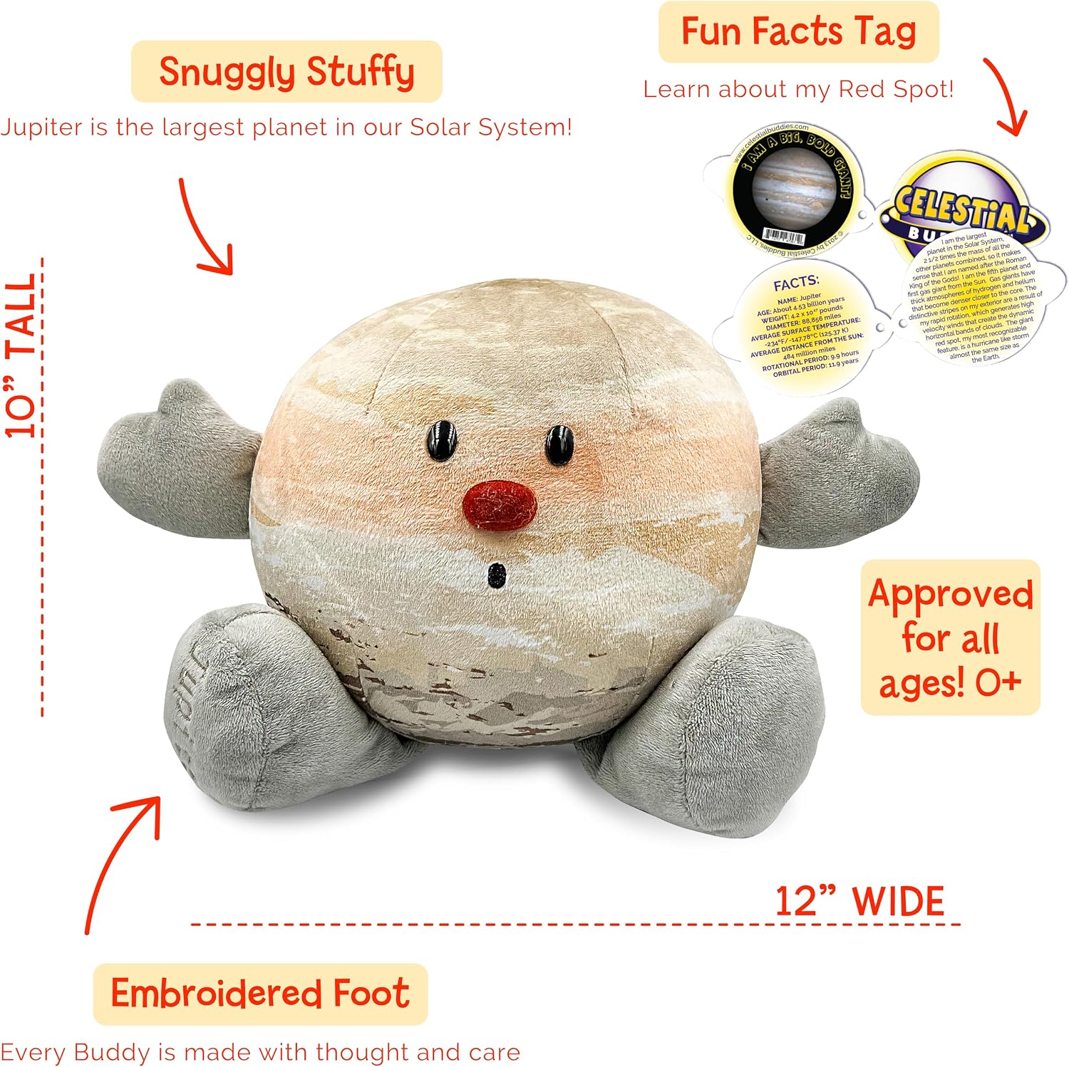 Celestial Buddies Jupiter Buddy | 12" Soft Stuffed Plush, Embroidered Features, Fun Planet Facts Tag for Kids – STEM Learning, Educational Gift