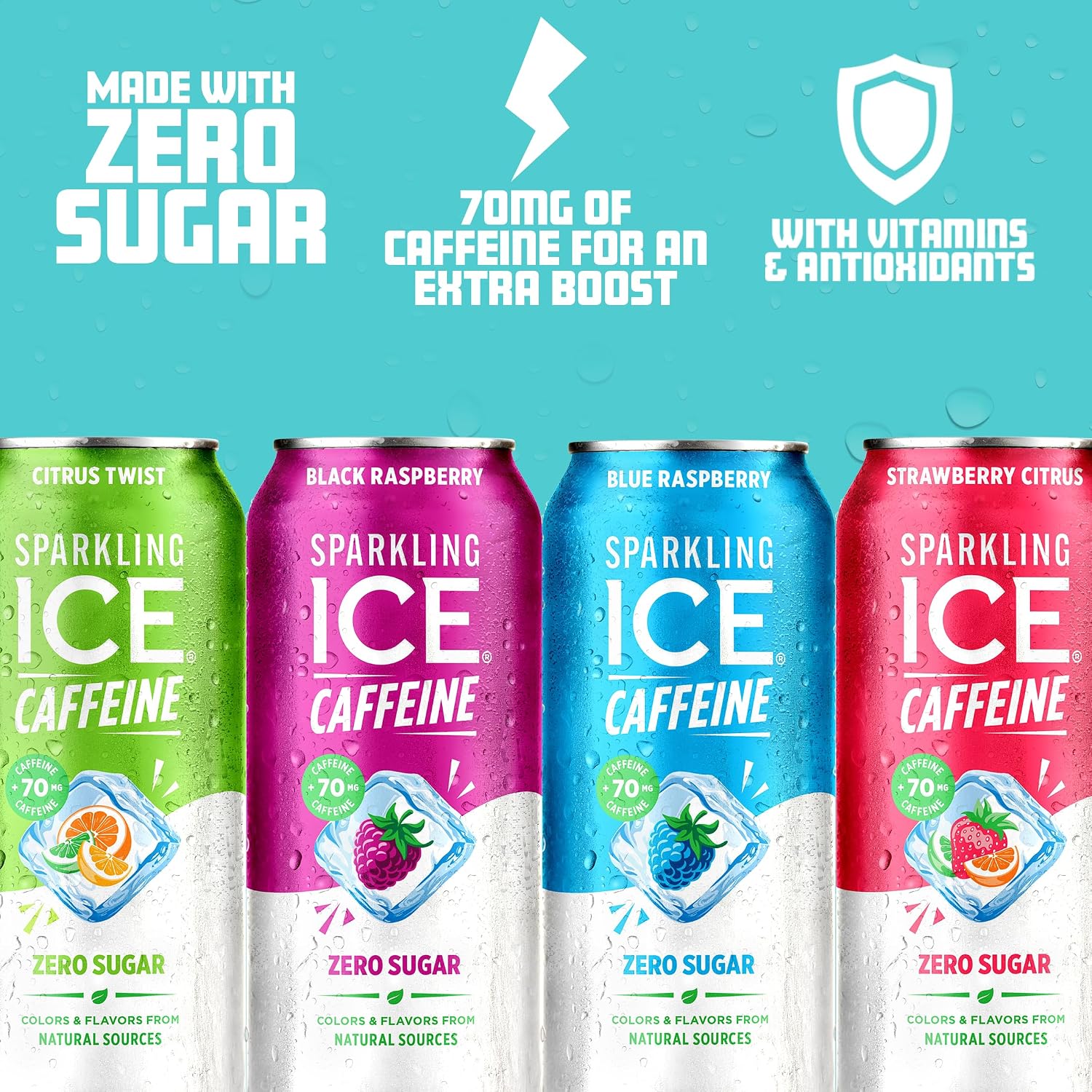 Sparkling Ice Caffeine Black Raspberry Sparkling Water with Caffeine, Zero Sugar, with Antioxidants and Vitamins,16 fl oz Cans (Pack Of 12)