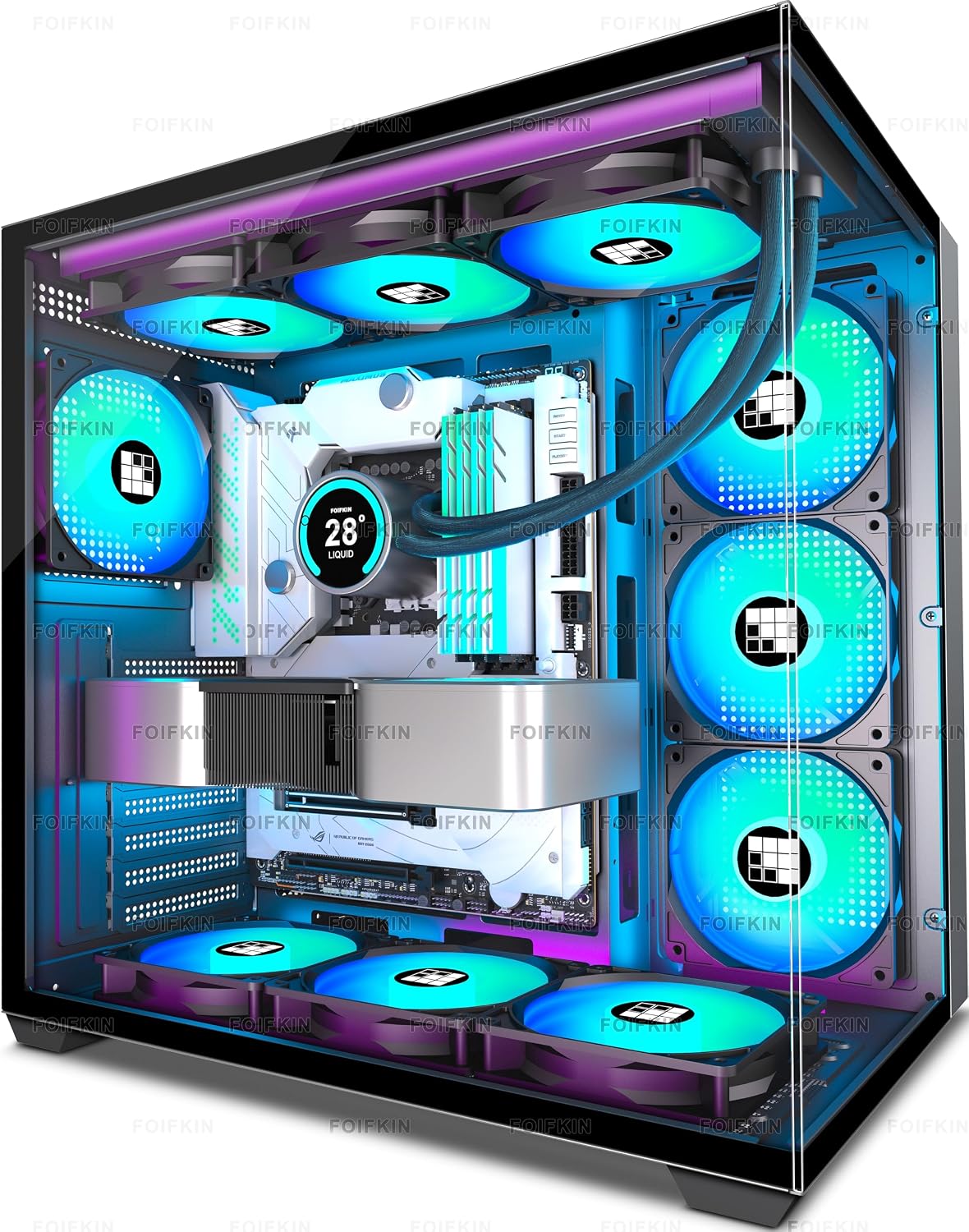 FOIFKIN F600 PC Case - Pre-Installed 7 PWM ARGB Fan, ATX Mid-Tower Gaming PC Case, 270° Panoramic Glass with Type-C, FOIFKIN (Black, F600)