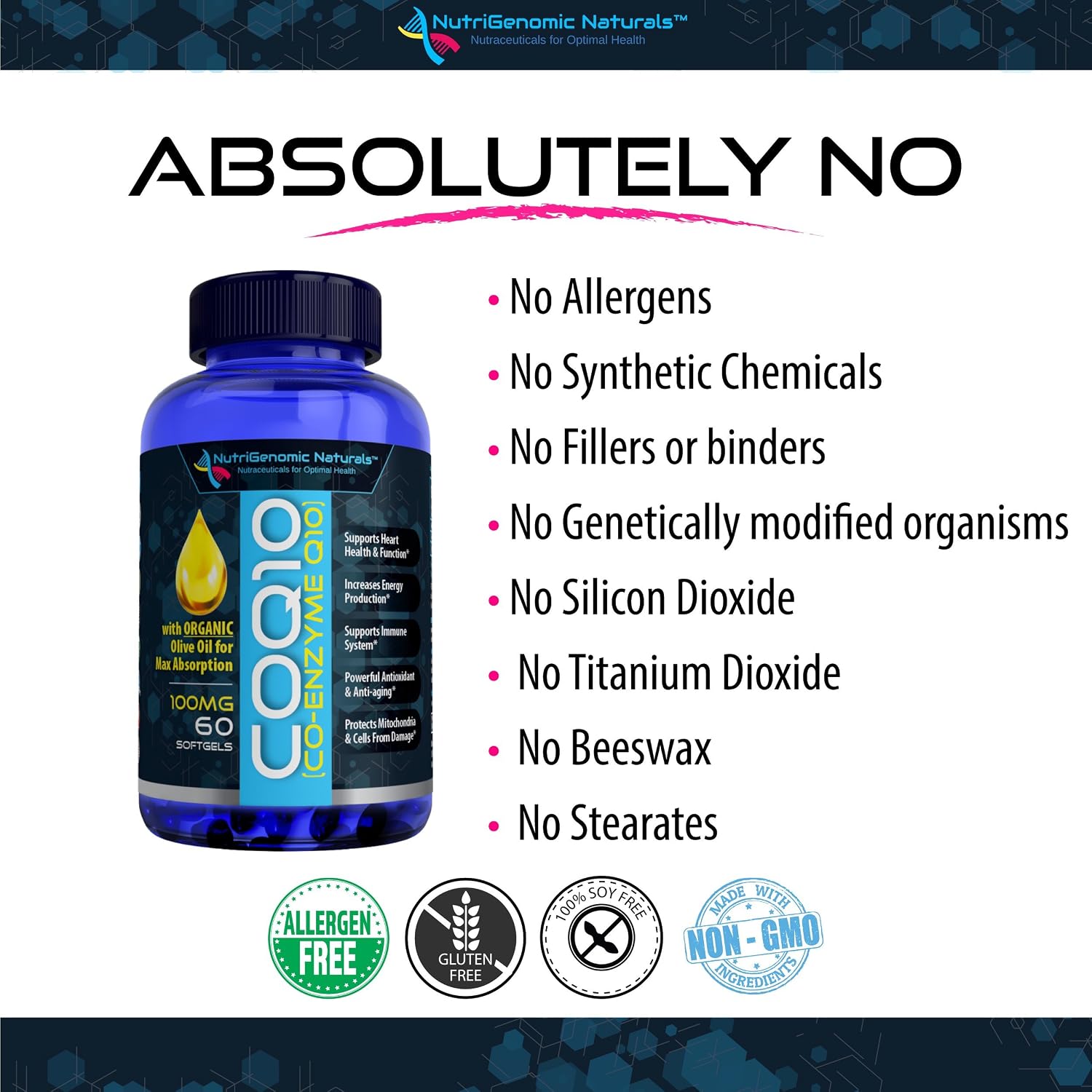 CoQ10, Coenzyme Q10, Highest Absorption with Organic Olive Oil, 100mg, 60 Softgels, Ubiquinone, Ubiquinol, Supports Heart Health. Pure, Natural