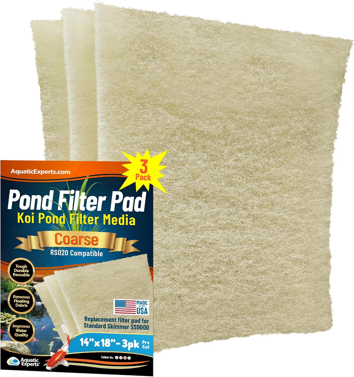Aquatic Experts Cream COARSE Pond Filter Pad - 2 inch Thick - Bulk Roll Water Garden Filter Pond Media - Made in USA, (12" x 36")