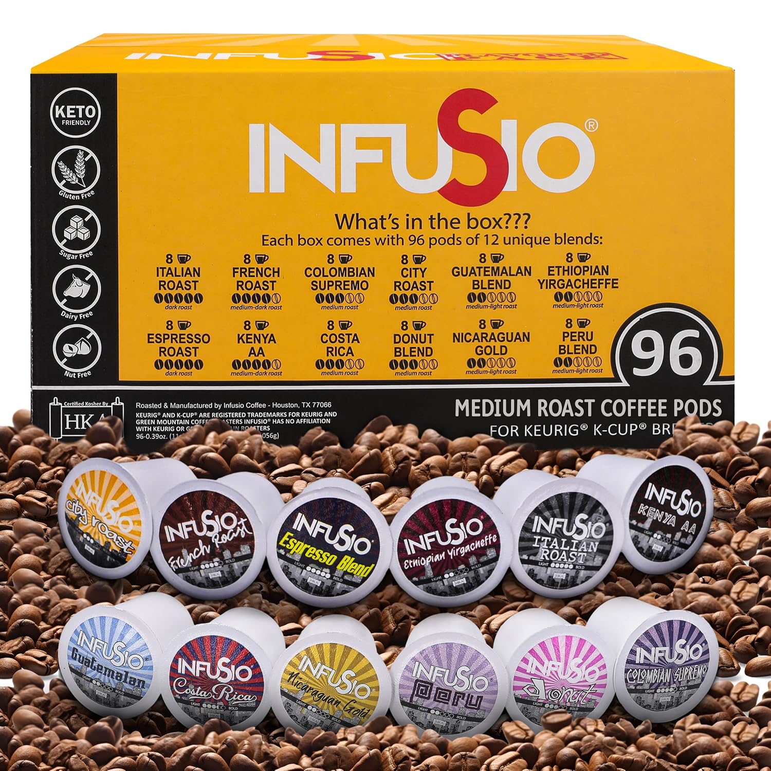 InfuSio Coffee Pods World Origins Variety Pack – 96 Count, 12 Blends Inspired by Colombia, Ethiopia, Kenya, Costa Rica & More, Medium & Dark Roast, Low Acid, Keurig Compatible