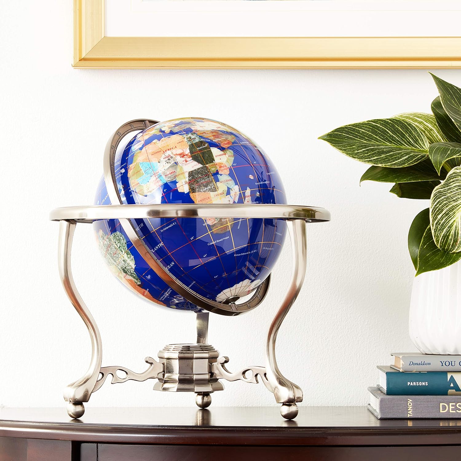 Unique Art 13-Inch Tall Table Top Blue Lapis Ocean Gemstone World Globe with Silver Tripod Stand