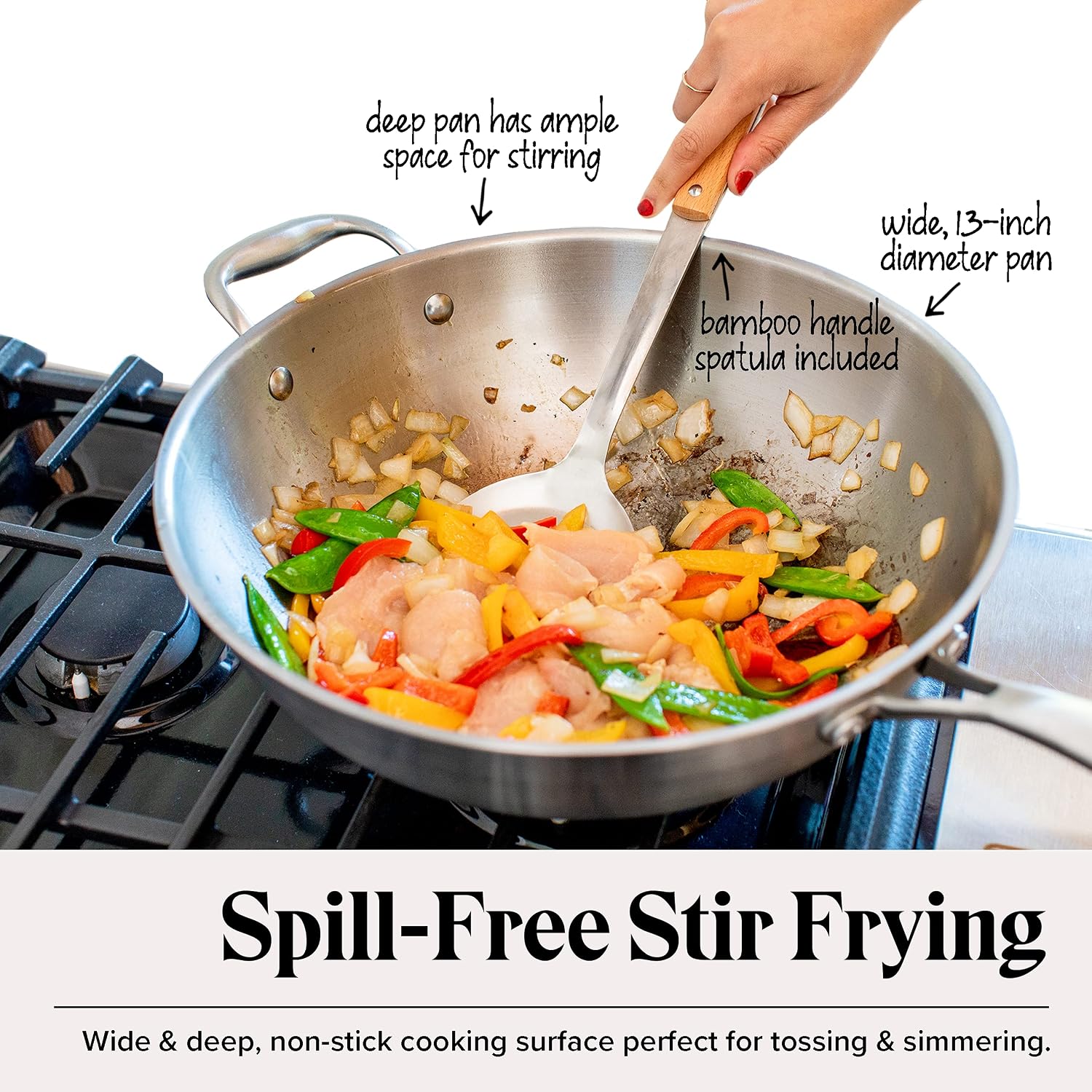 Willow & Everett Stainless Steel Flat Bottom Wok Pan, Professional Traditional Stir Fry Cookware w/Domed Lid & Spatula