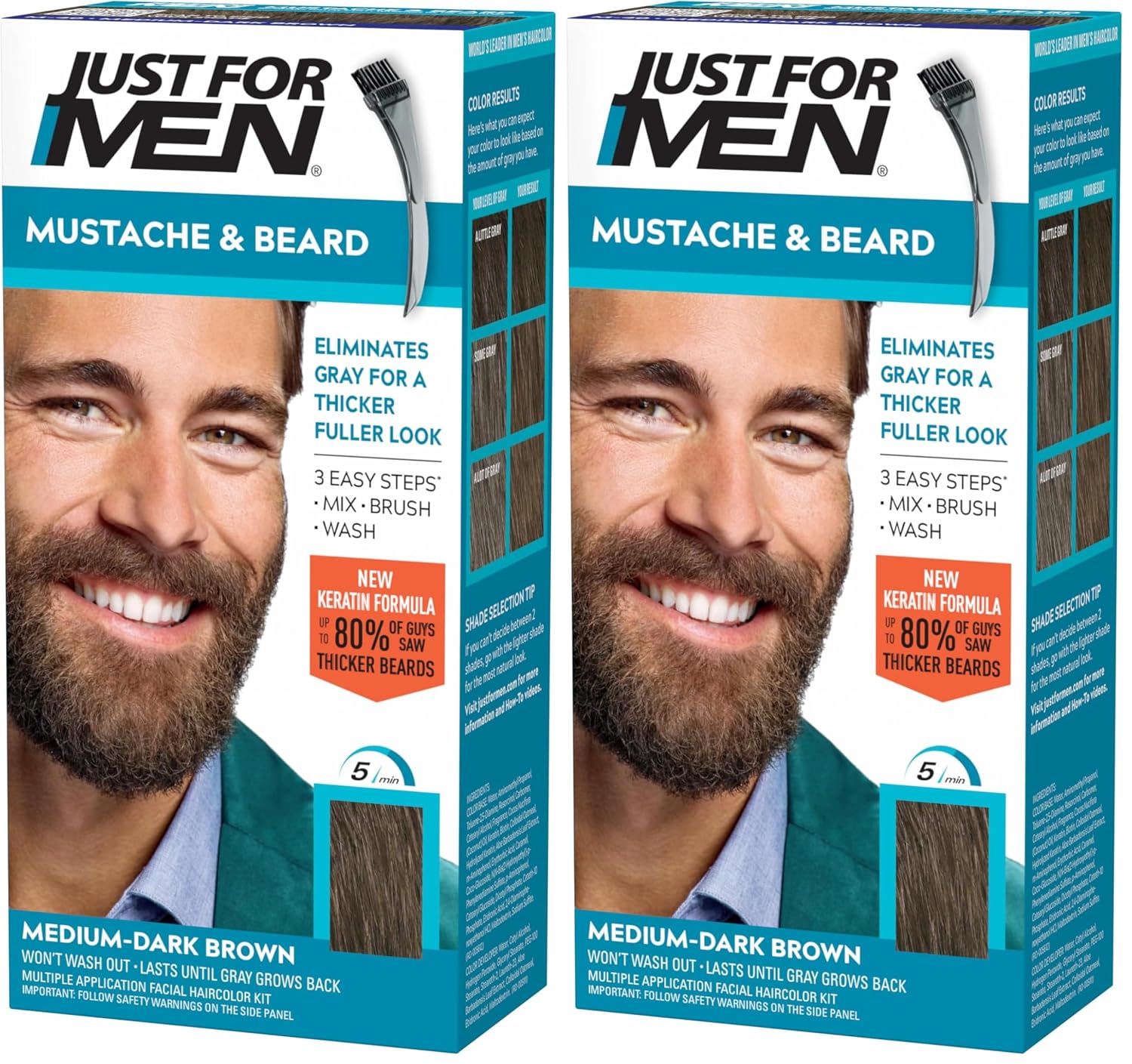 JUST FOR MEN Mustache & Beard Dye, Keratin, Light-Medium Brown M-30 (3 Pk) | Mustache & Beard color light-medium brown designed for facial hair to instantly eliminate gray. Enhanced with keratin.