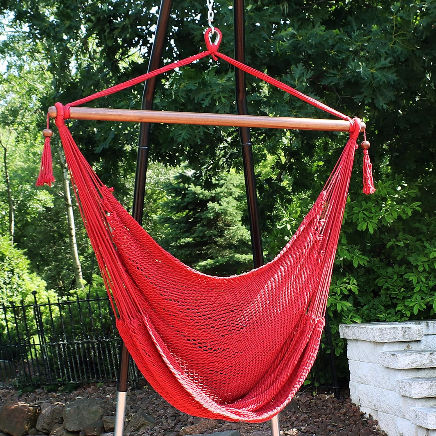 Sunnydaze Hanging Hammock Chair Swing for Patio, Caribbean, Tan | 300 lb Capacity, Wooden Spreader Bar, Woven Polyester, Hang From a Tree, Hammock Chair Stand, or Ceiling, Hammock Swing Chair