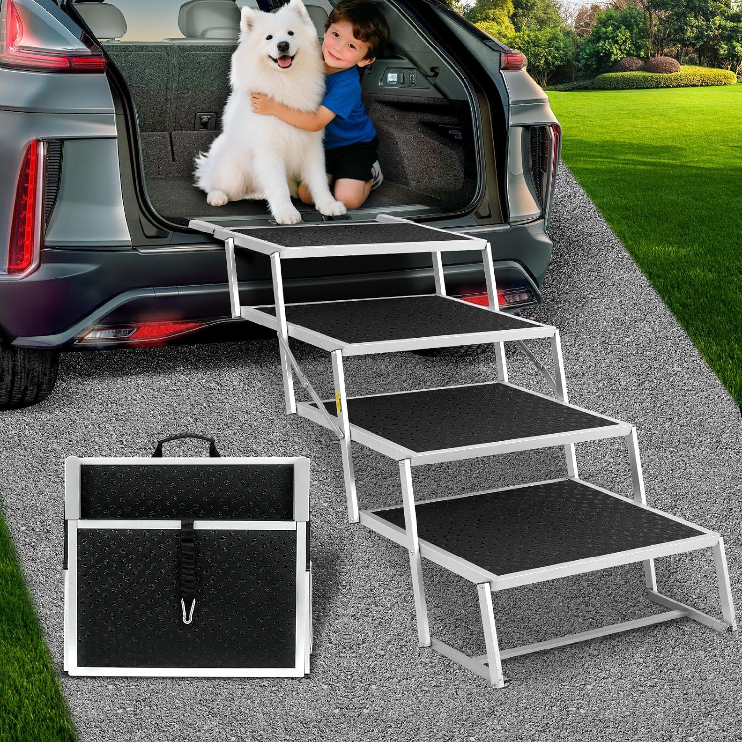 Dog Stairs for Car, Extra Wide Dog Stairs for Large Dogs, Foldable Dog Ramp for Car, Pet Steps Light Weight Aluminum, High Beds, for SUV Trucks
