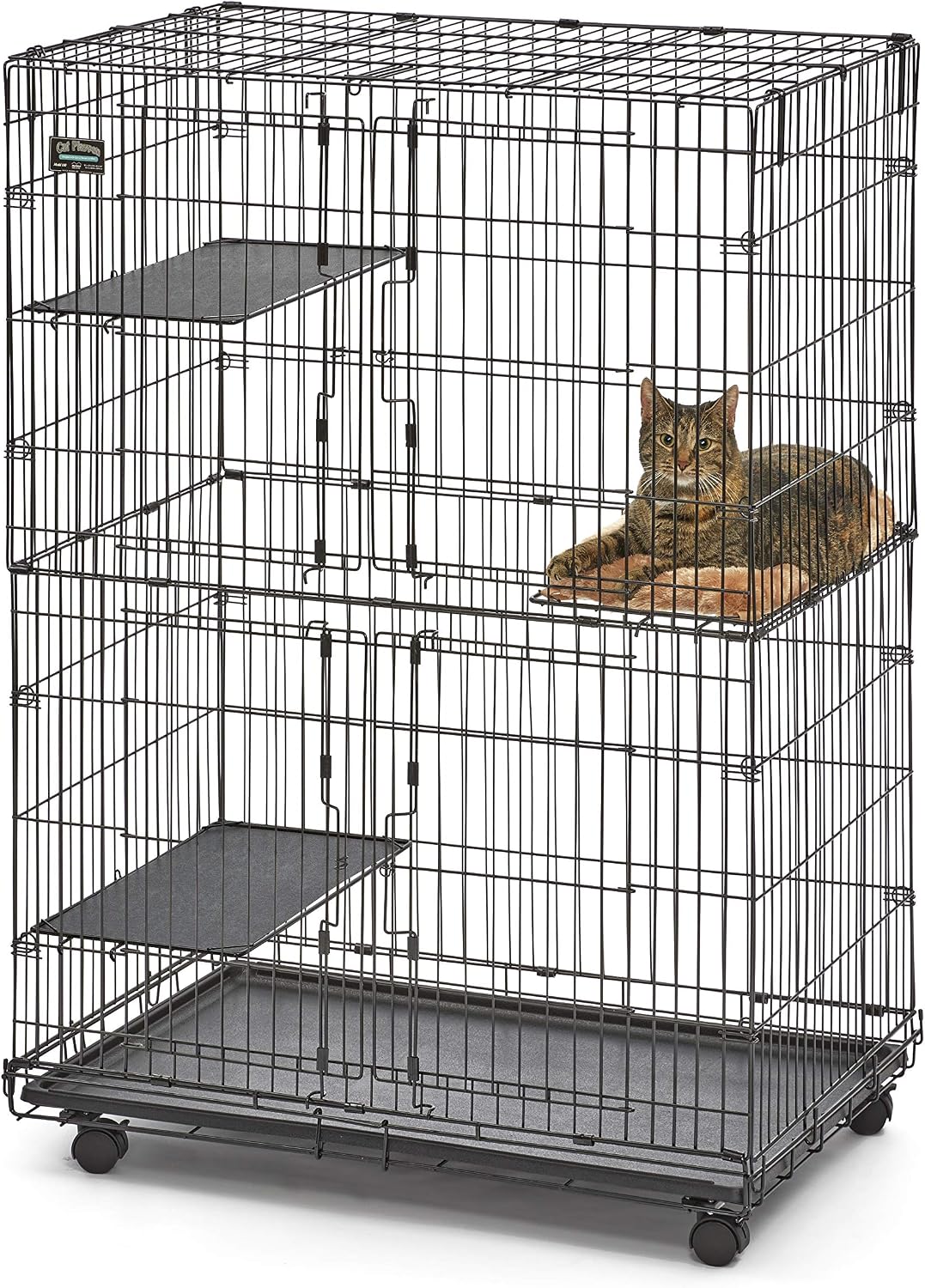 MidWest Homes for Pets Folding Metal Indoor Cat Playpen, Cage Includes Locking Wheels, 3 Platforms, Removable Tray, Plush Bed, Suited for 1-3 Cats
