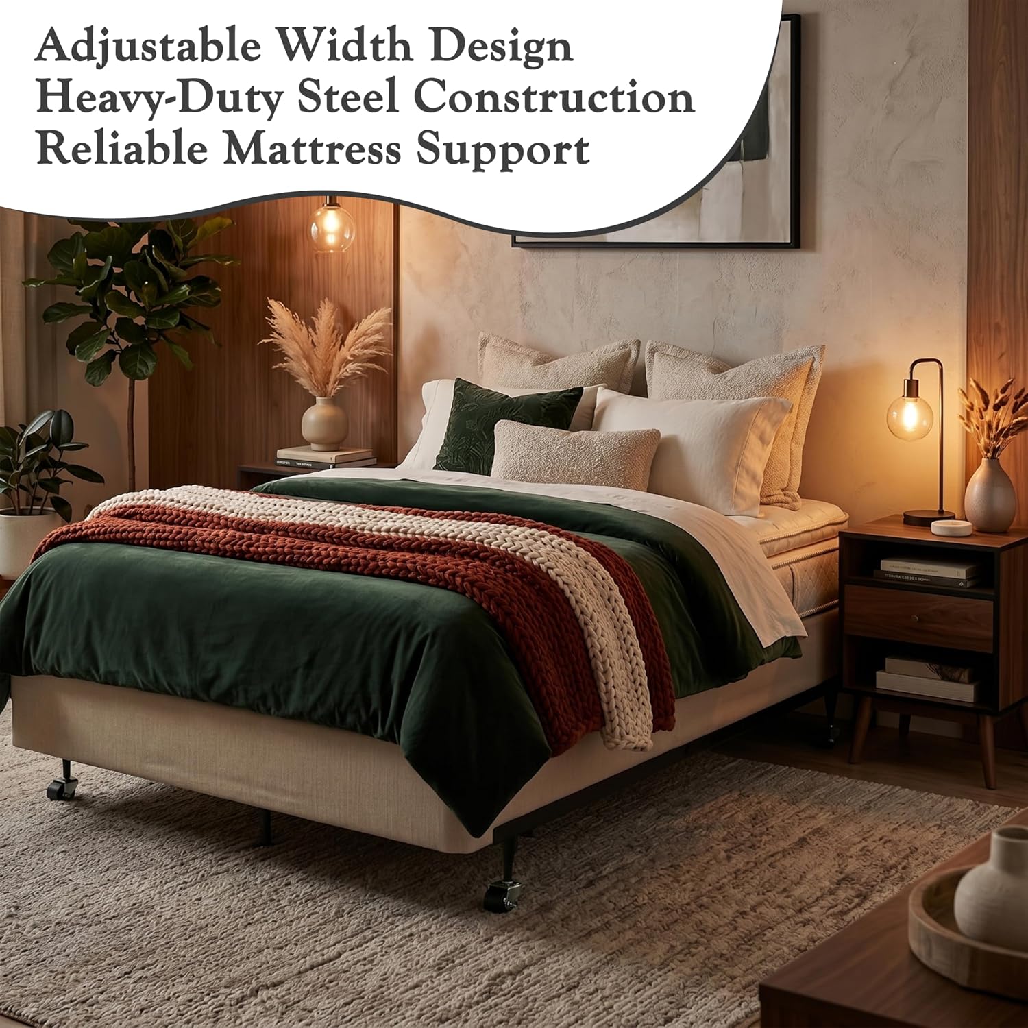 Kings Brand Furniture Adjustable Metal Bed Frame with Locking Wheels, Fits Twin, Twin XL, Full, Full XL & Queen Mattresses
