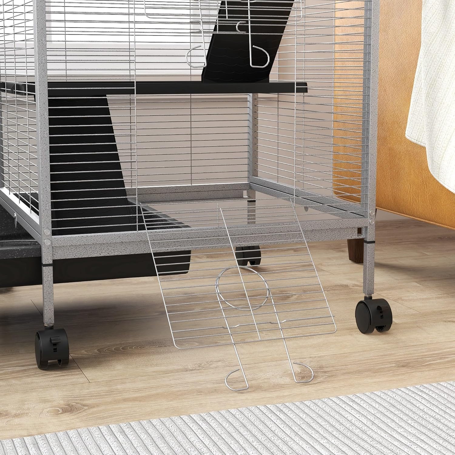 PawHut Metal Small Animal Cage, 4-Tiers Rolling Big Ferret Cage, Gray