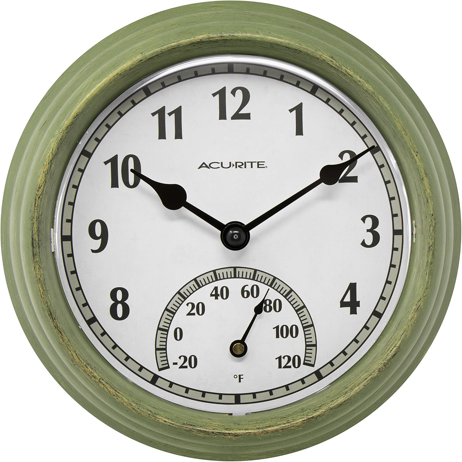 AcuRite 02470 Rustic Green Outdoor Clock with Thermometer, 8.5"