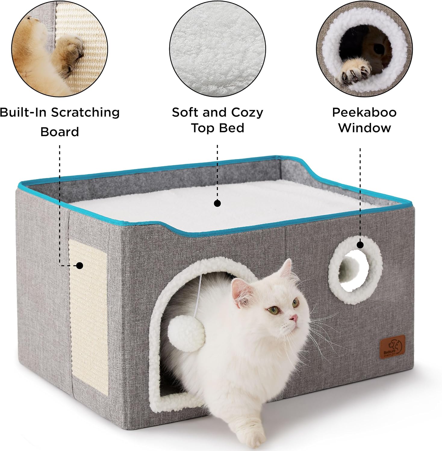 Bedsure Cat House Bed for Indoor Cats with Fluffy Ball and Scratch Pad,Grey