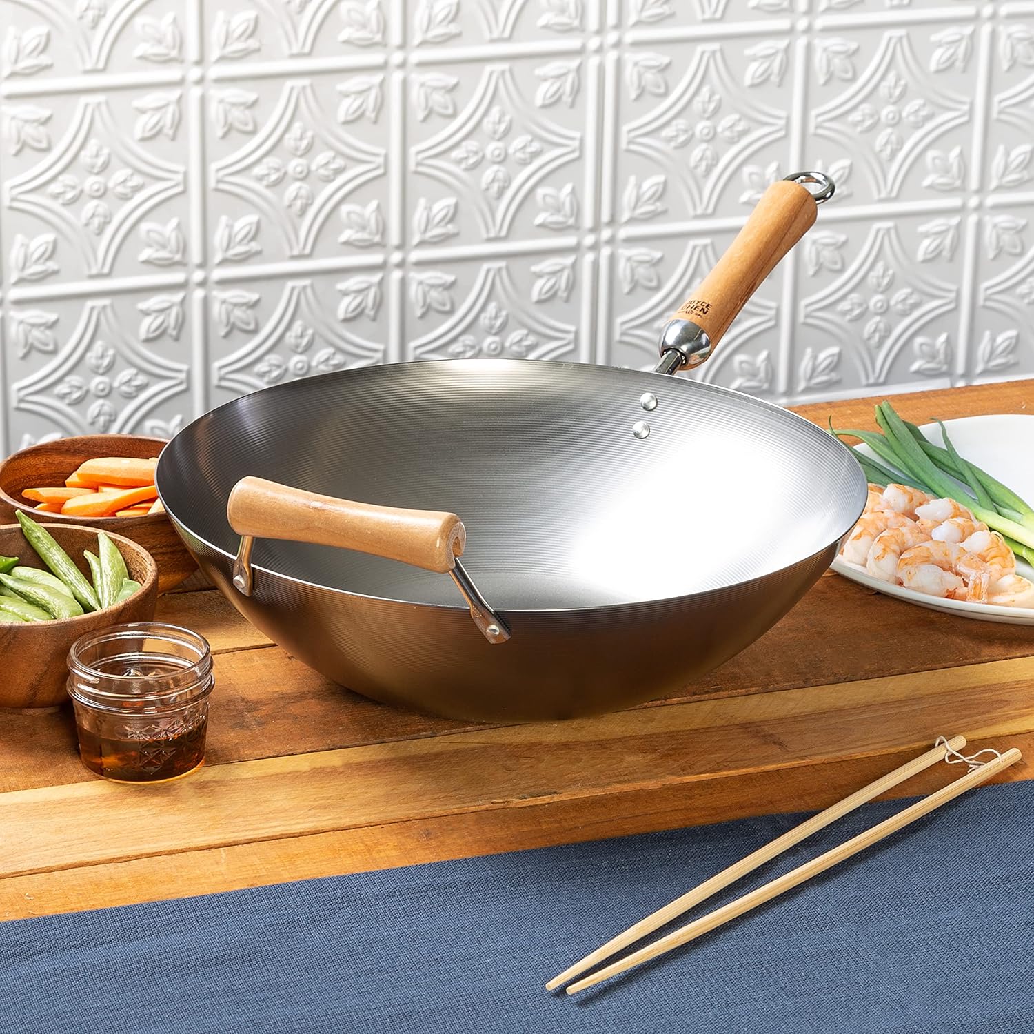 JOYCE CHEN Classic Series 12-Inch Carbon Steel Stir Fry Pan with Birch Handle