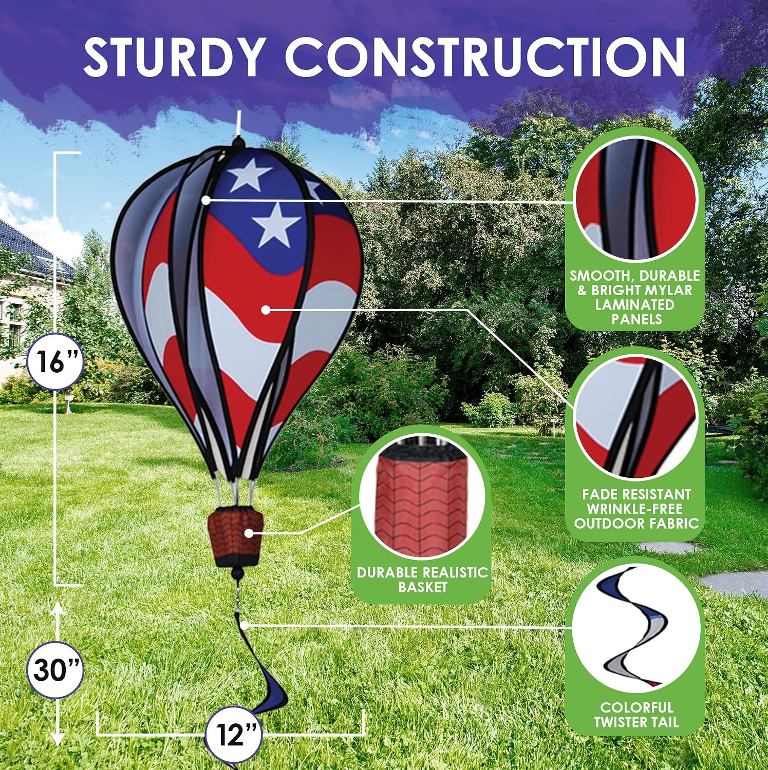 Hot Air Balloon Hanging Garden Spinner 16" - Vibrant Patriotic Design, Weather-Resistant Outdoor Decor, Durable & Lightweight for Patios, Yards, and Gardens - Eye-Catching Wind Spinner