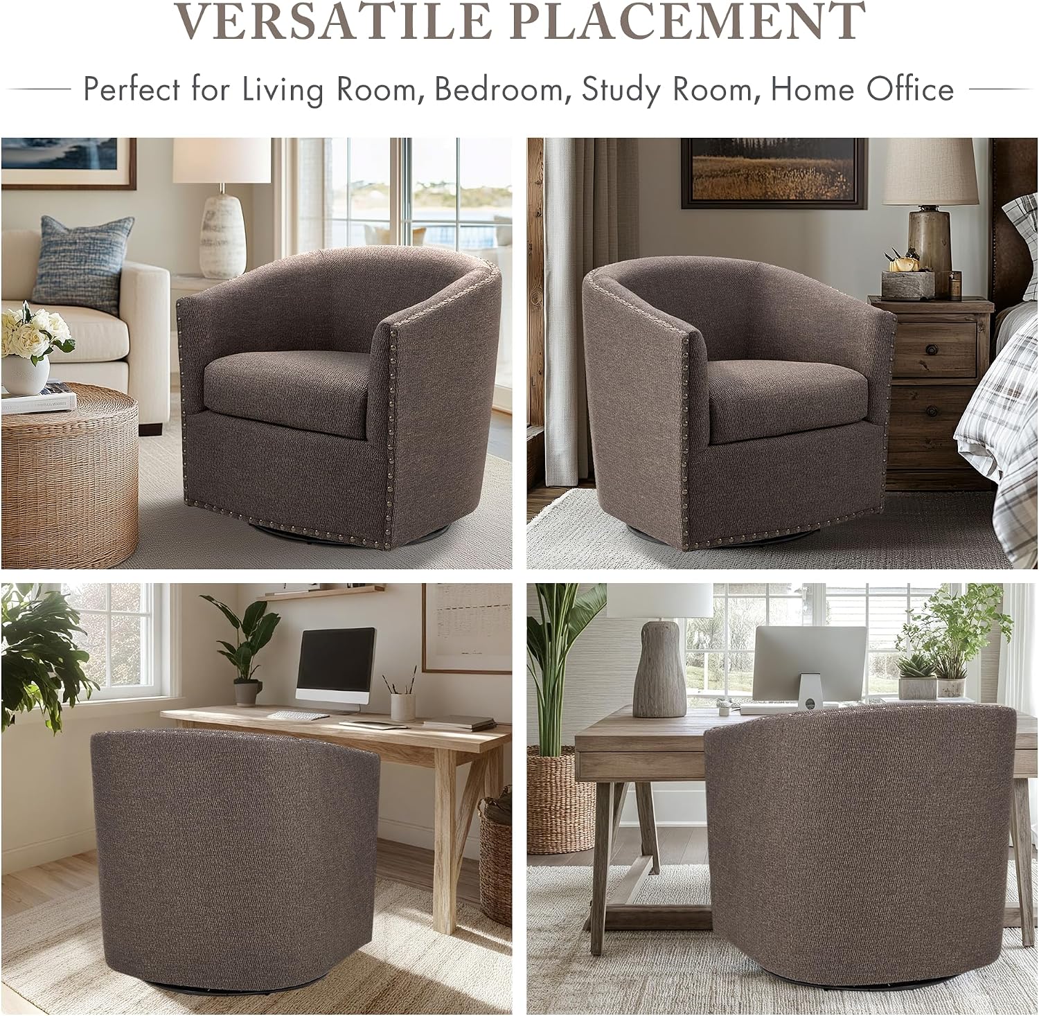 Madison Park Swivel Barrel Accent Chair, Upholstered Curved Back with 7-Inch Thick Woven Cushion, 360° Swivel, Nailhead Trim, Comfy Chair for Living Room, Bedroom, Office, 28" Wide, Neutral, Tyler