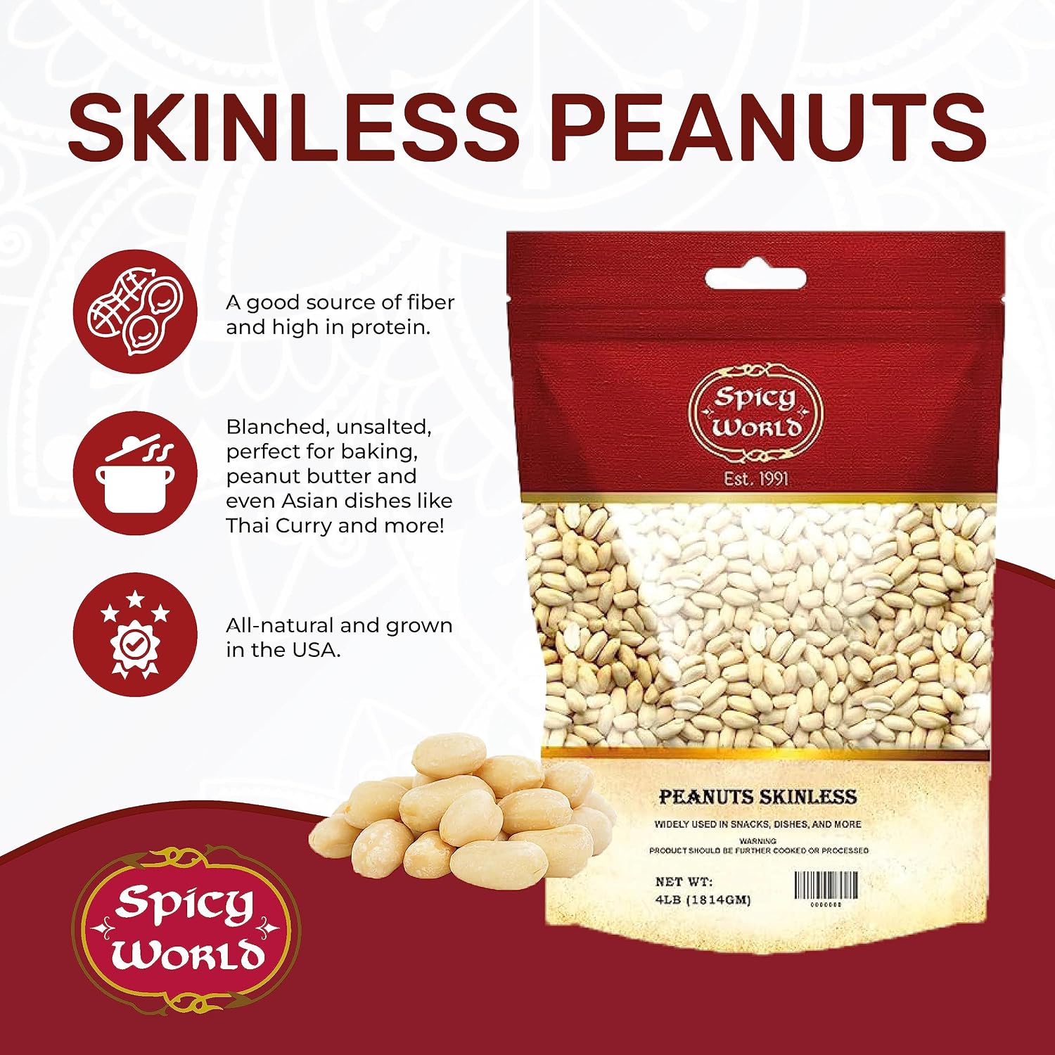 Spicy World Skinless Peanuts, Blanched Raw Peanuts (Uncooked, Unsalted) 4 Pound (64oz) ~ All Natural USA Grown