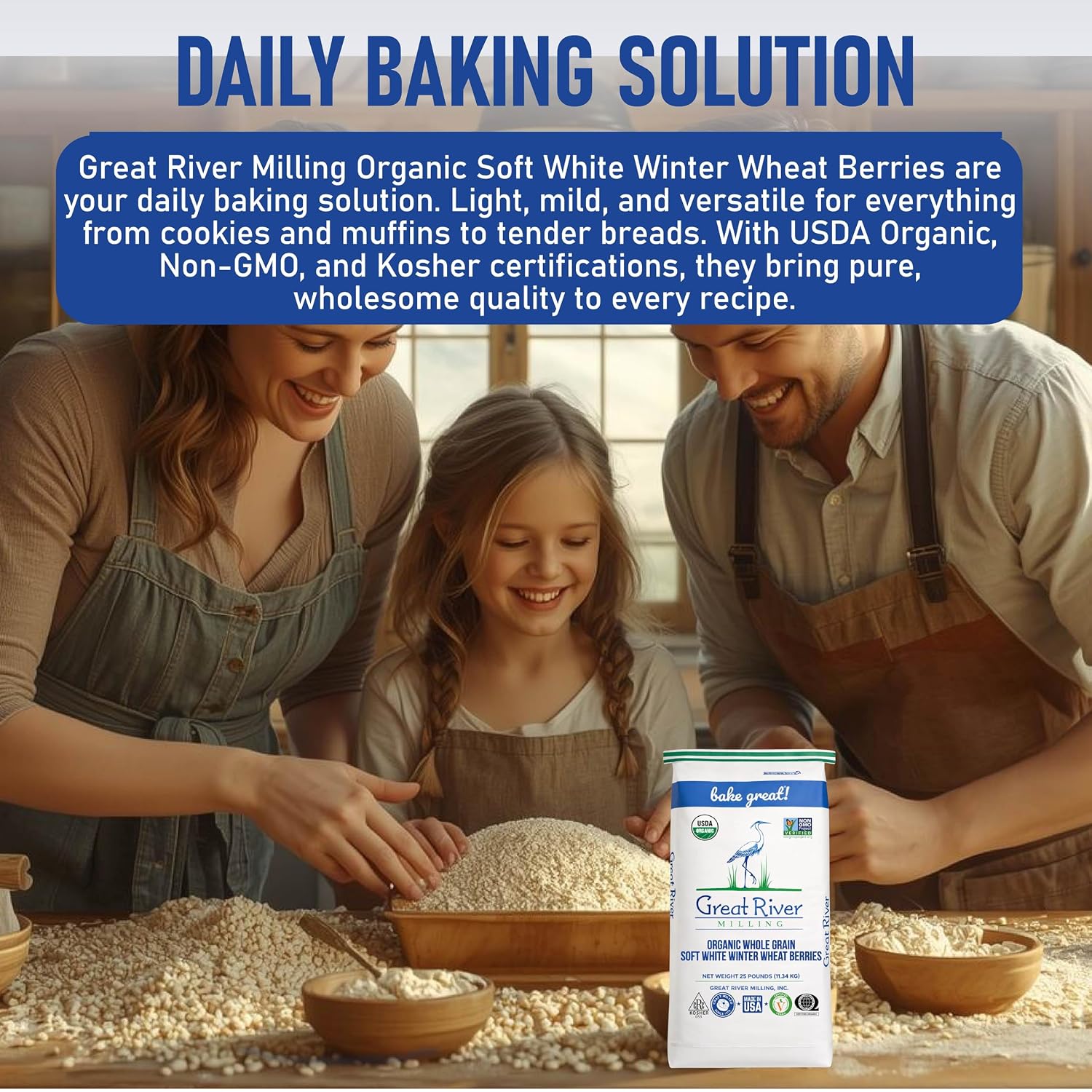 Great River Milling Organic Soft White Wheat Berries, Non-GMO, 25 lb | Organic Soft White Wheat Berries for home-milled flour for cakes, muffins, biscuits, pancakes, cookies and pie crust; mild