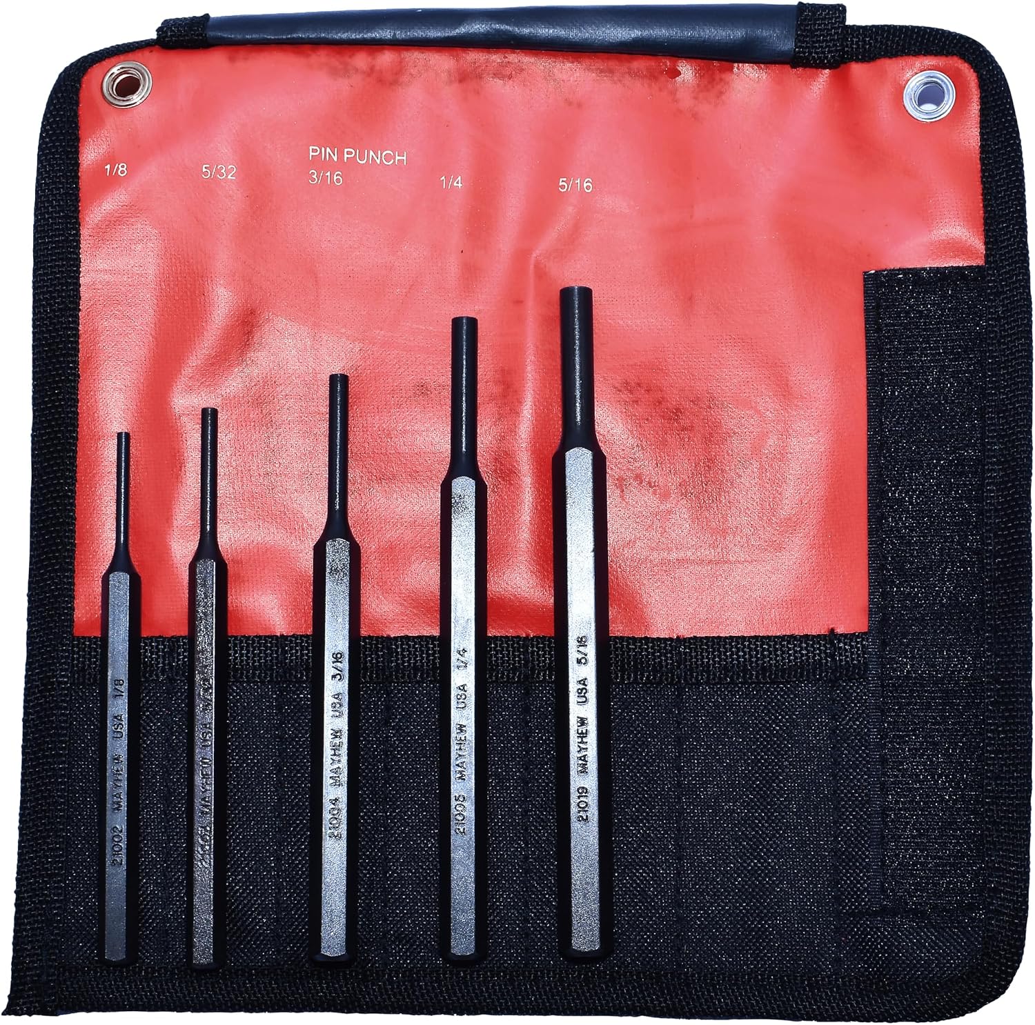 Mayhew Tools 62056 SAE Pin Punch Set with Kit Bag, 5-Piece Pro, Black Oxide Finish
