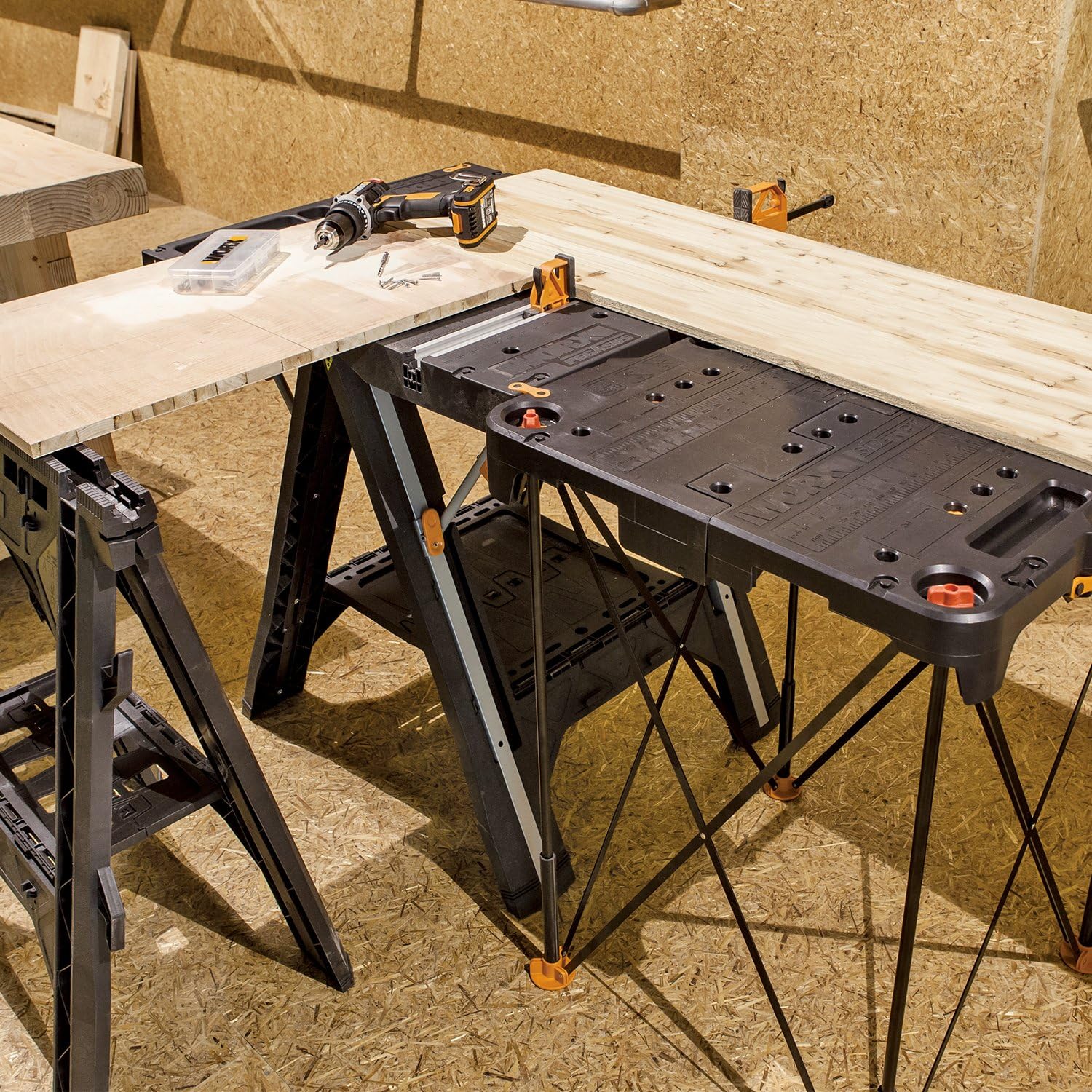 WORX Portable Folding Workbench, 2-in-1 Pegasus Table & Sawhorse, WX051 | 31"×25"×32" dimension, heavy load capacity, fast setup, includes 2 clamps & 4 clamp dogs, lightweight portable design