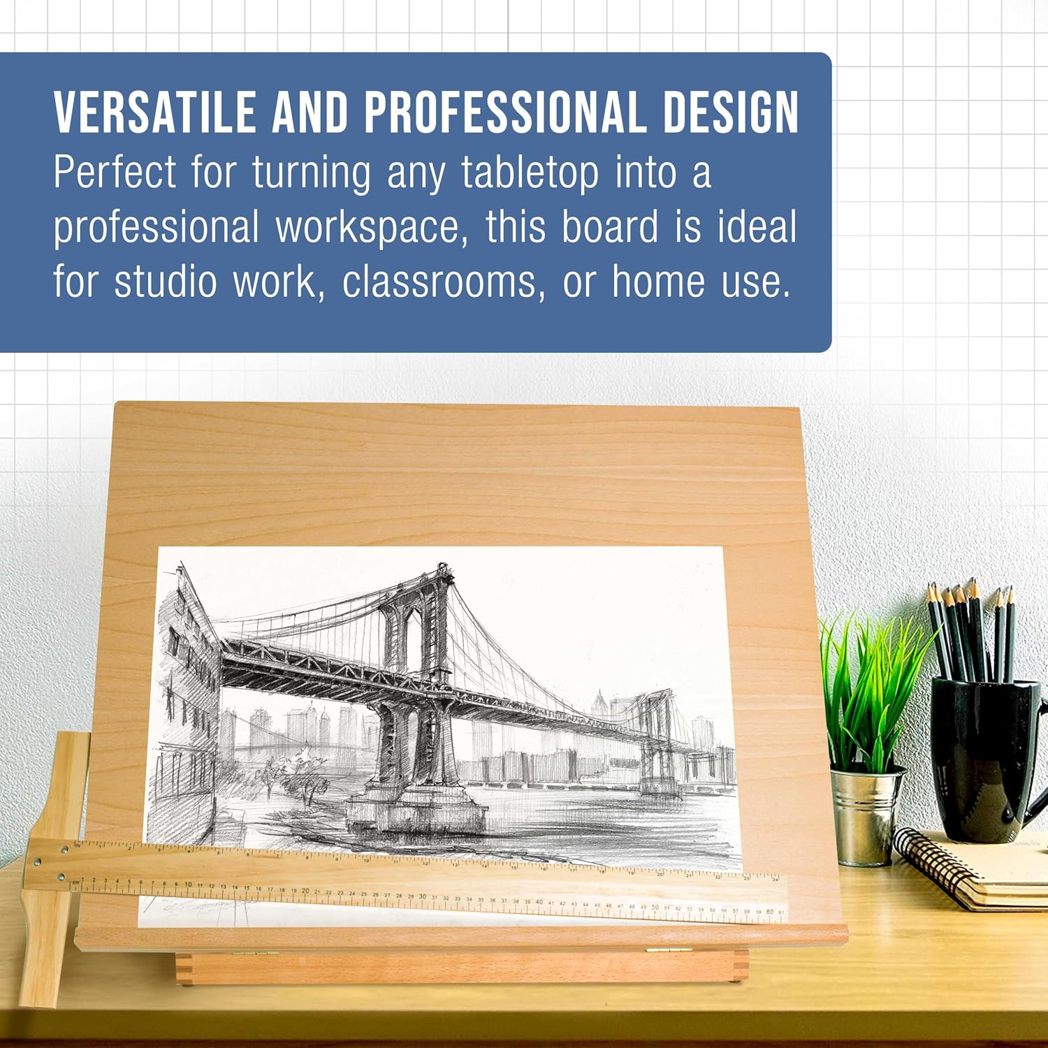 U.S. Art Supply X-Large 26" x 21" Wooden Drawing Board, Adjustable Table Top Easel for Painting and Drawing - Drafting Board with T-Square